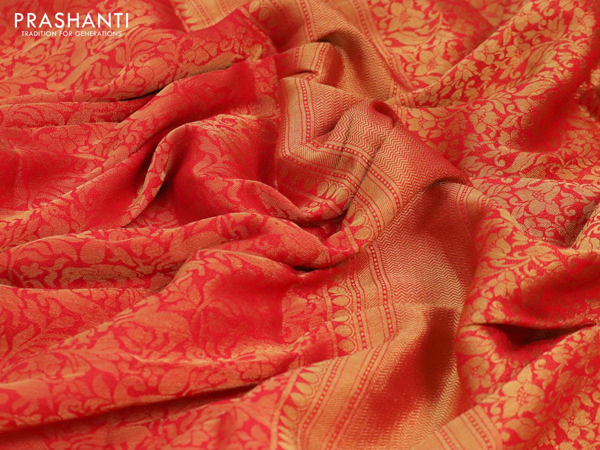 Art chiffon saree red with allover zari woven brocade weaves and zari woven border - Image 3