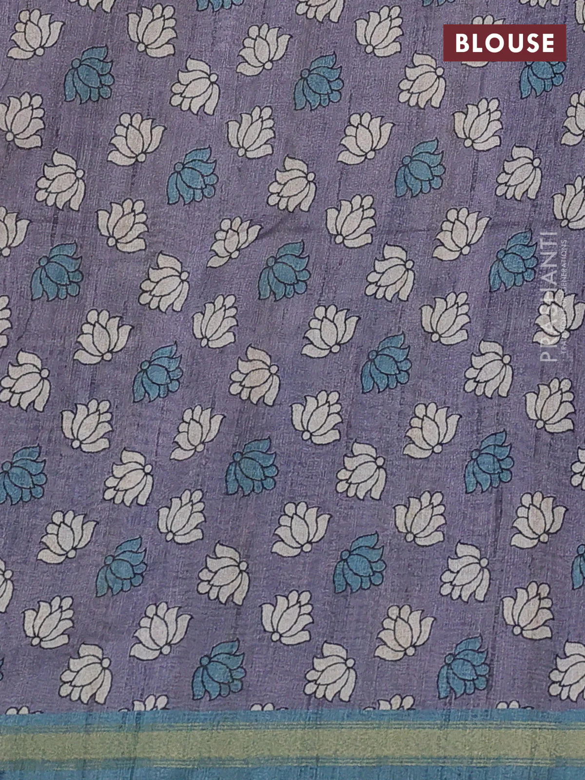 Art linen saree beige and grey teal blue with plain body and kalamkari printed pallu - Image 3