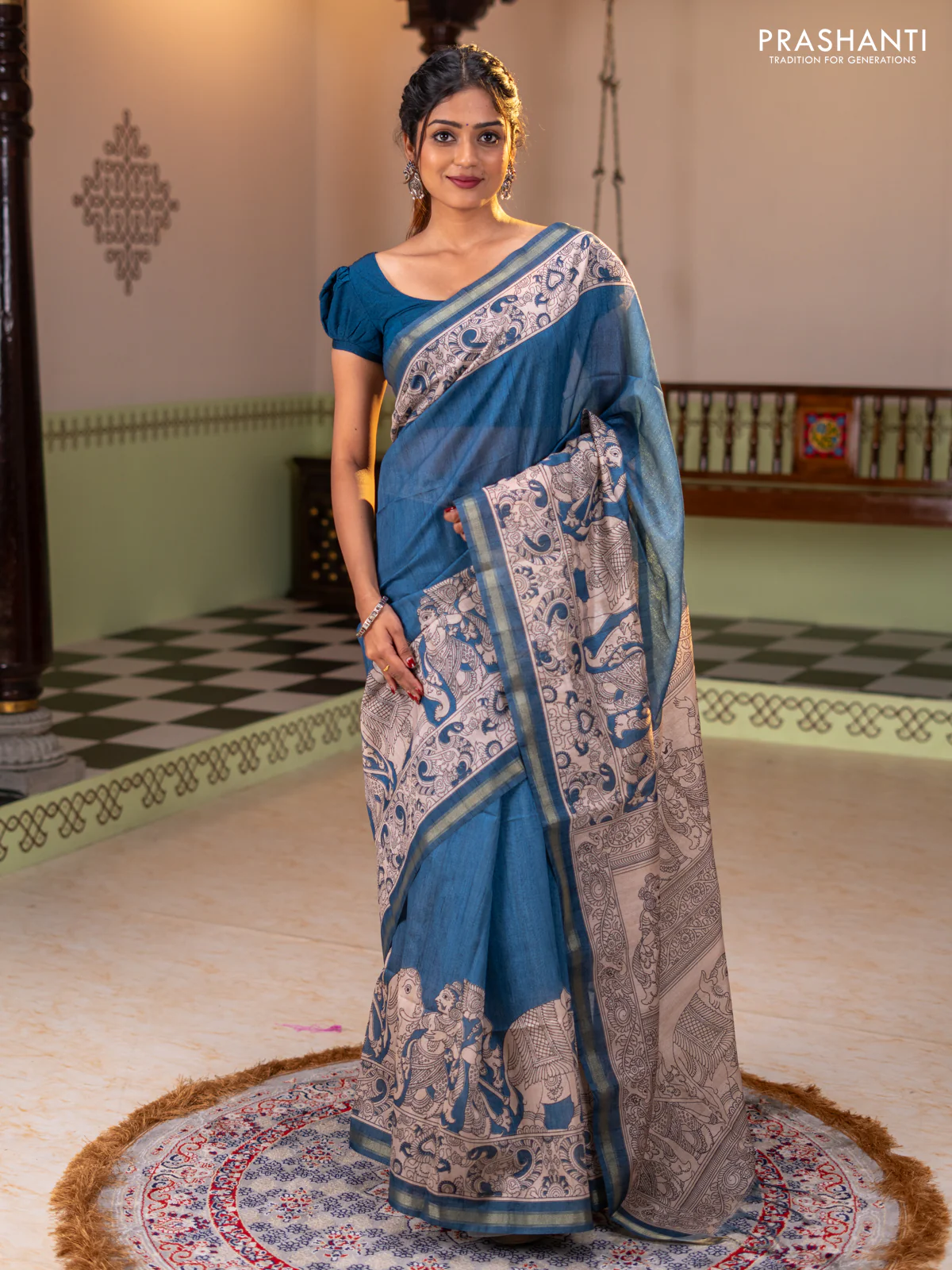 Art linen saree blue and beige with plain body and kalamkari printed pallu