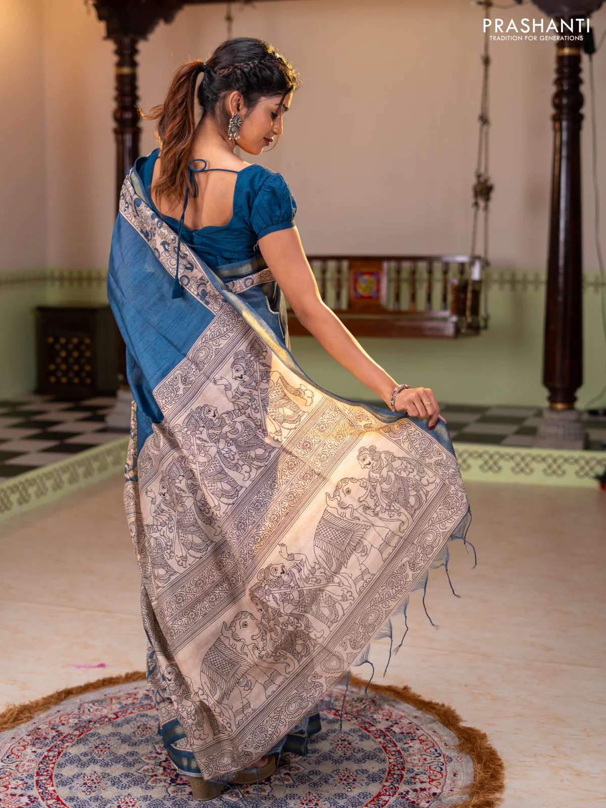 Art linen saree blue and beige with plain body and kalamkari printed pallu - Image 3