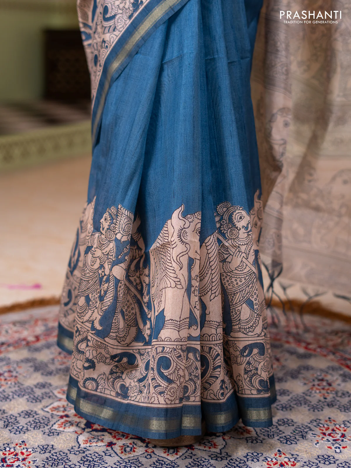 Art linen saree blue and beige with plain body and kalamkari printed pallu - Image 5