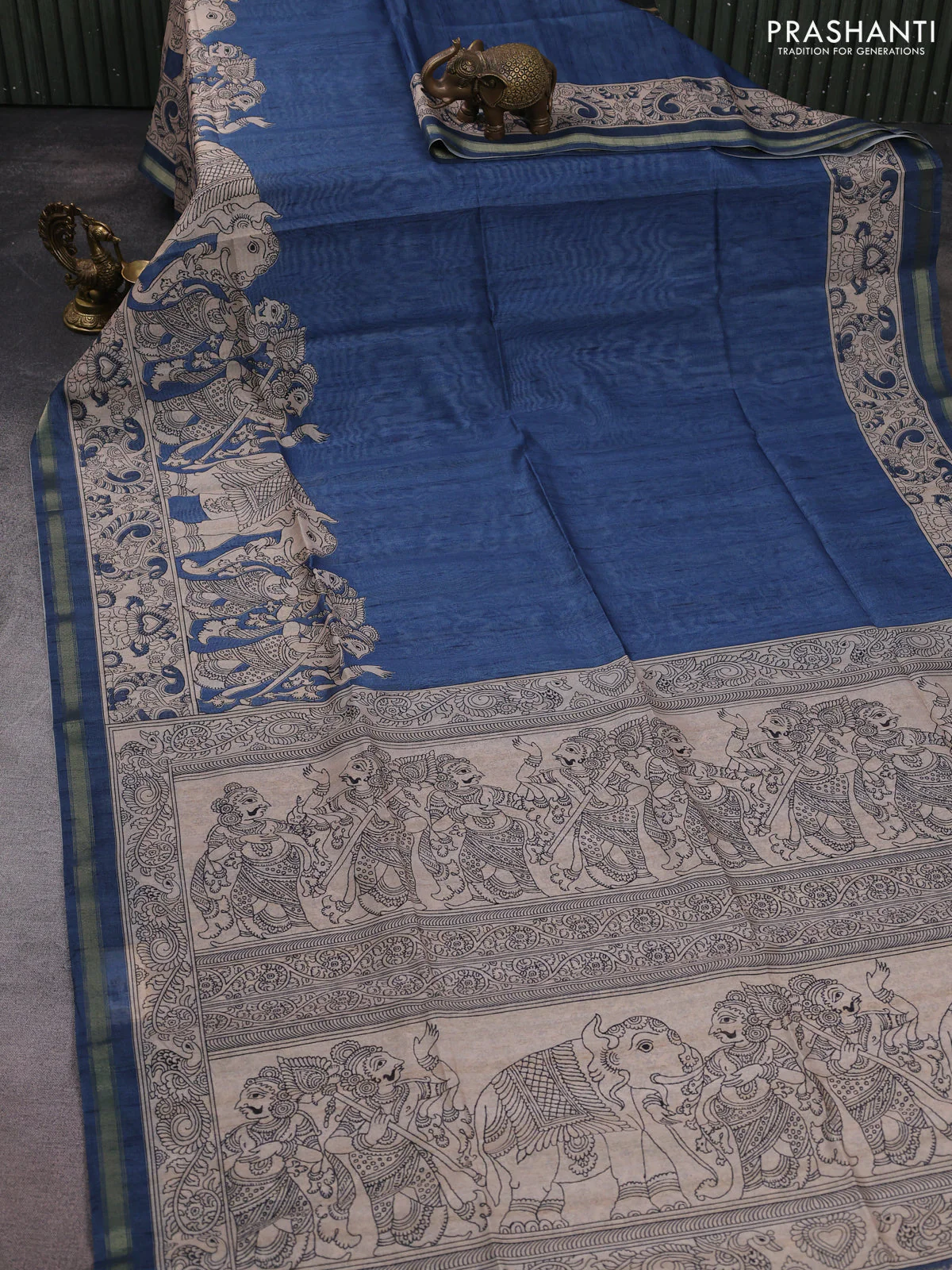 Art linen saree blue and beige with plain body and kalamkari printed pallu - Image 7