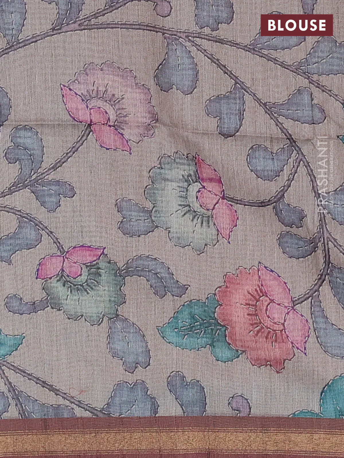 Art linen saree brown and pastel grey with allover kalamkari prints and zari woven border - Image 3