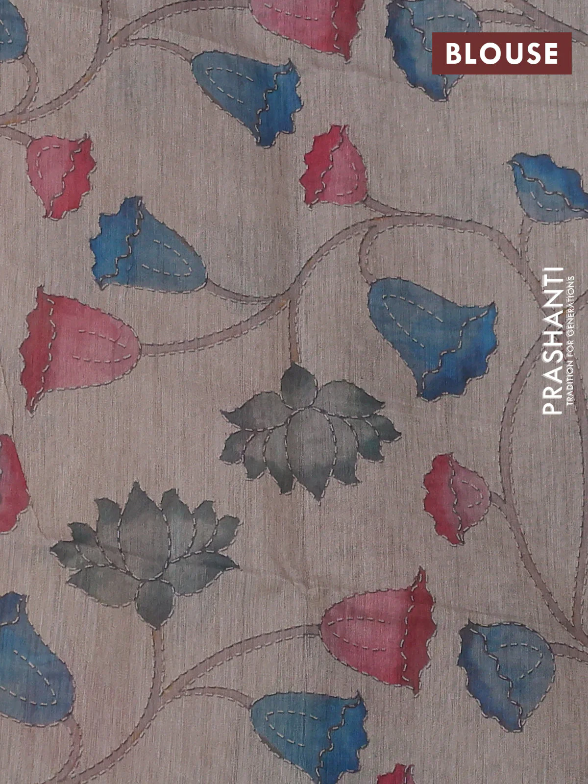 Art linen saree grey and beige with plain body and kalamkari printed pallu - Image 3
