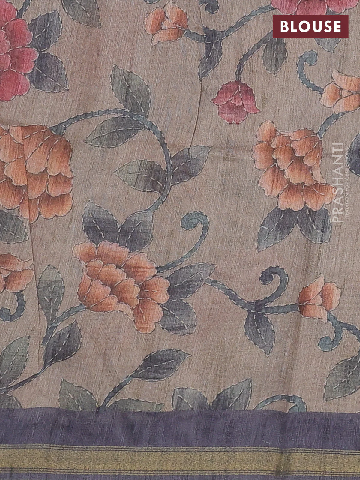 Art linen saree grey and beige with plain body and printed pallu - Image 3