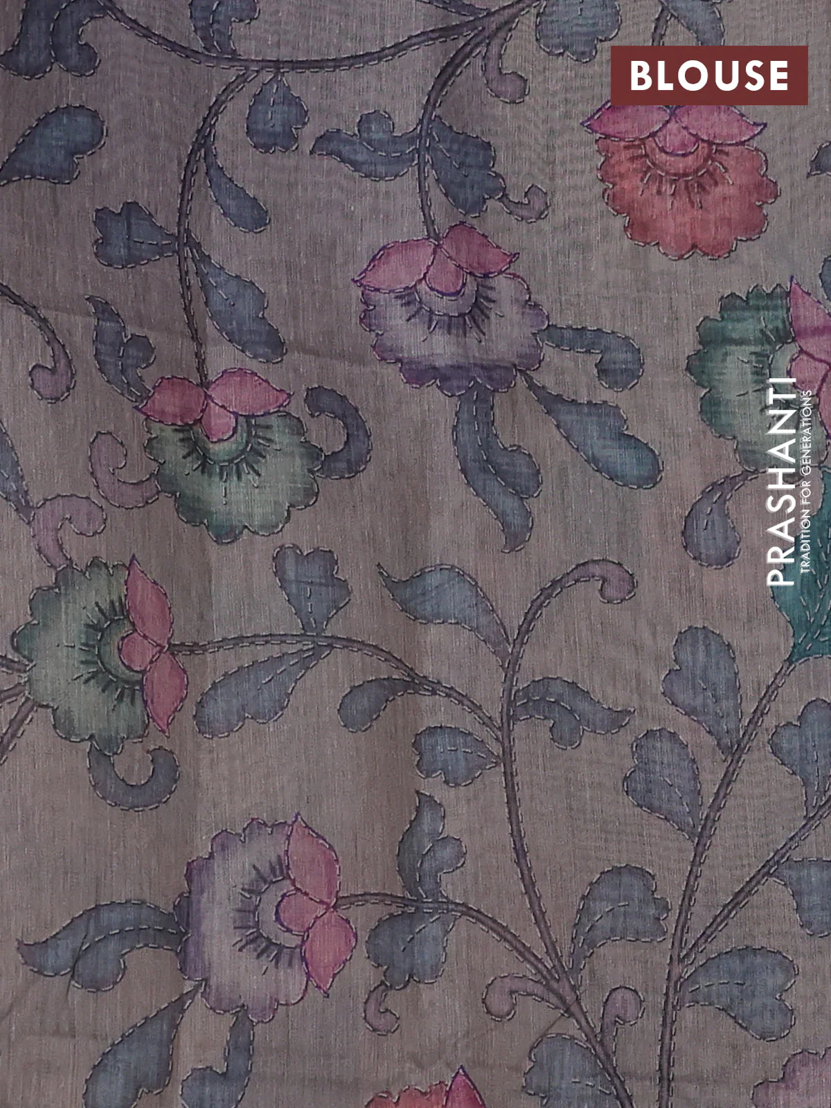 Art linen saree lavender and pastel grey with allover kalamkari prints and zari woven border - Image 3