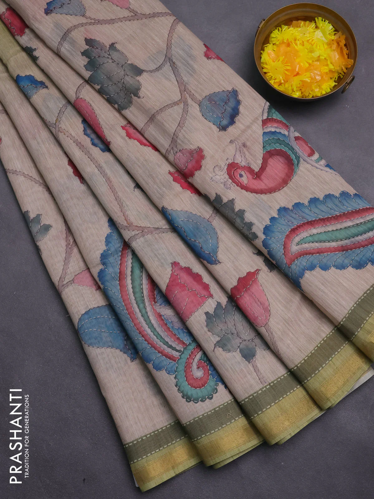 Art linen saree light green and beige with plain body and kalamkari printed pallu