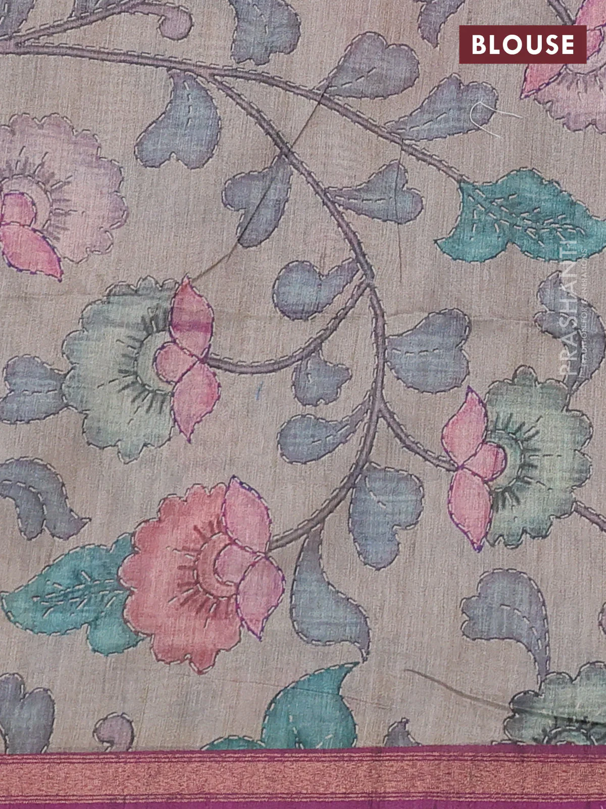 Art linen saree magenta pink and pastel grey with allover kalamkari prints and zari woven border - Image 3