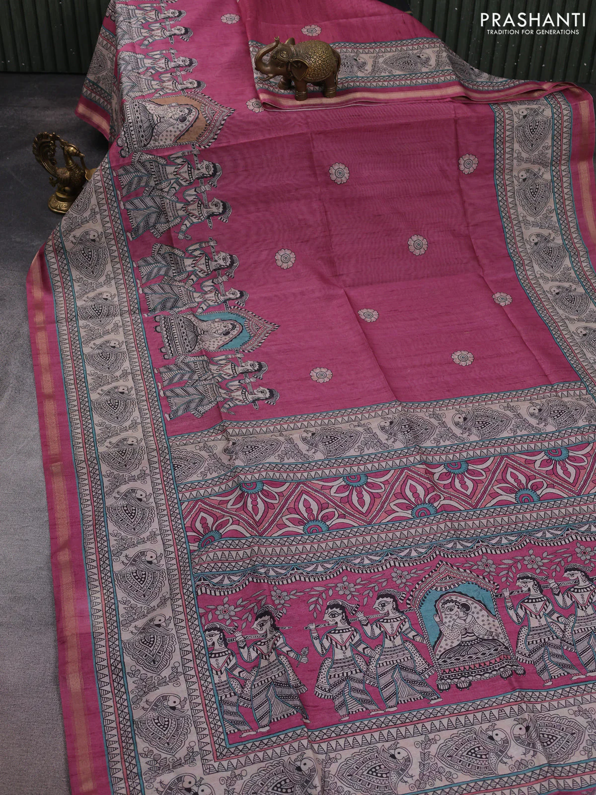 Art linen saree mauve pink and beige with butta prints and madhubani printed pallu - Image 2