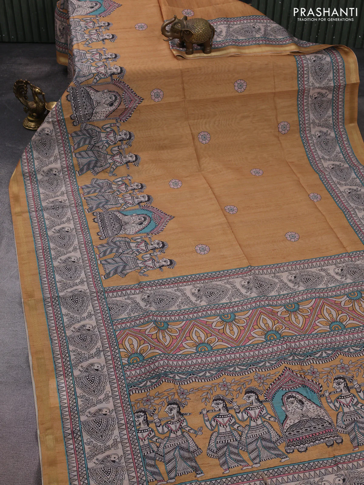 Art linen saree mustard shade and beige with butta prints and madhubani printed pallu - Image 2