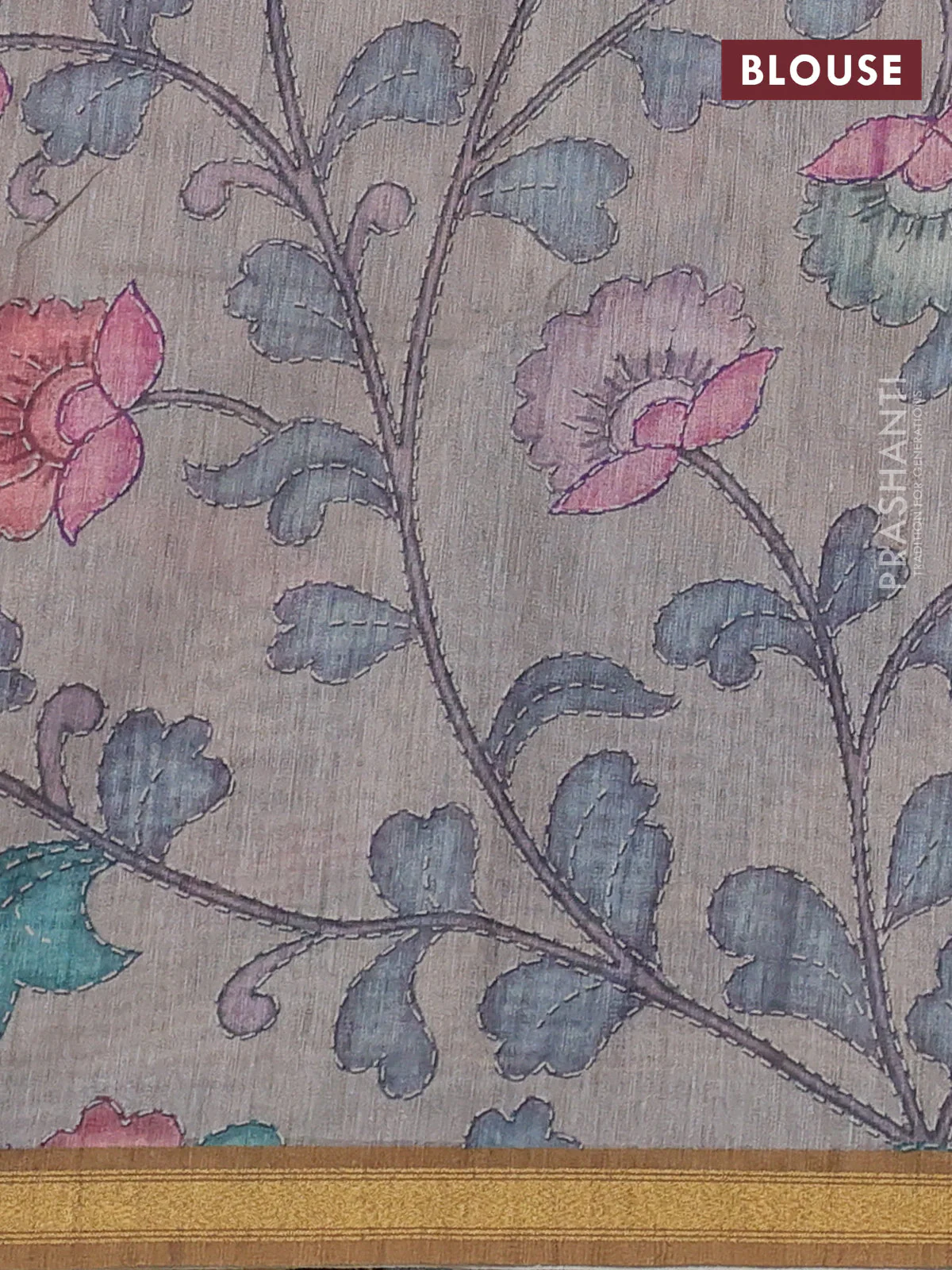 Art linen saree mustard shade and pastel grey with allover kalamkari prints and zari woven border - Image 3