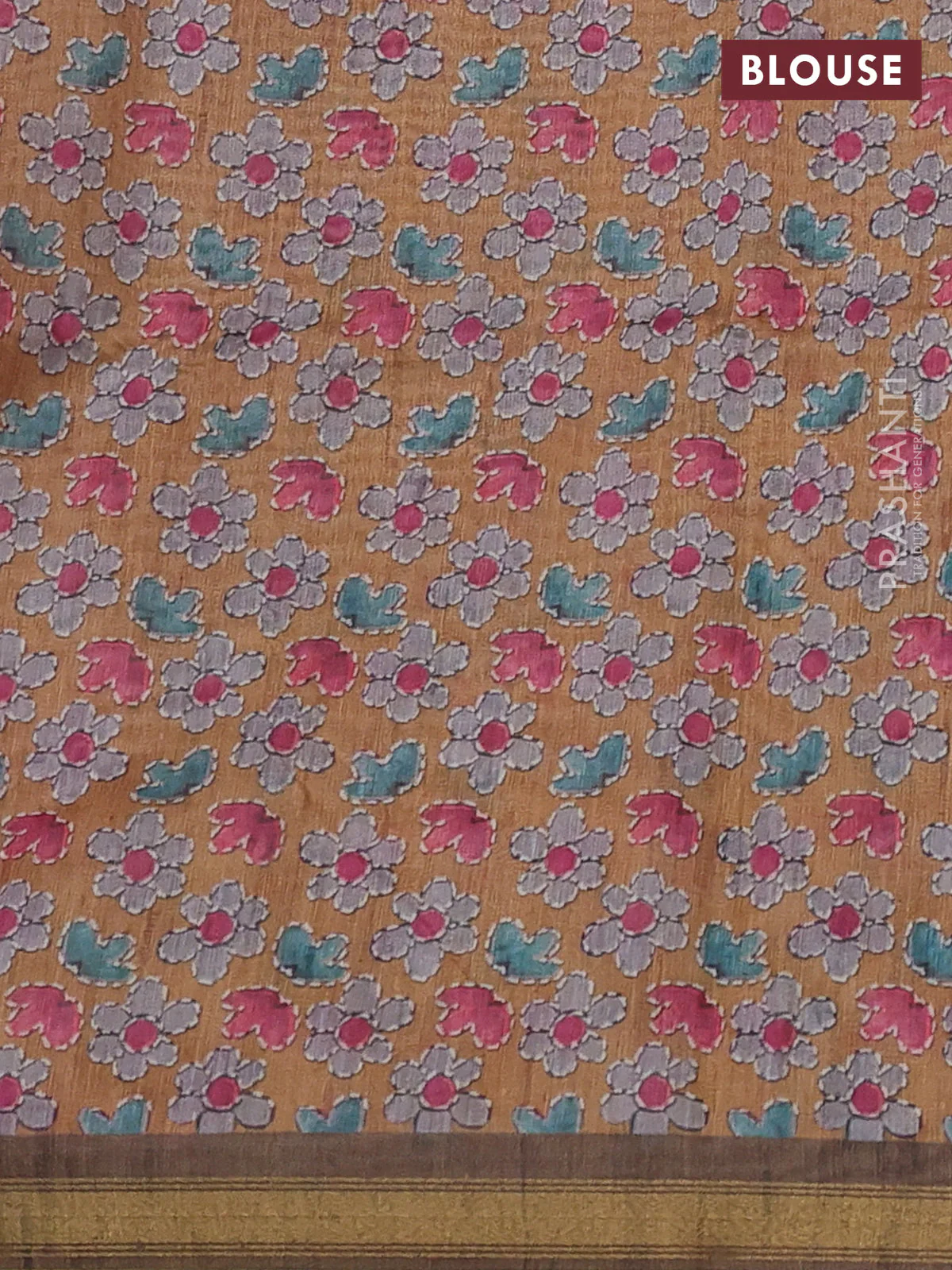 Art linen saree mustard shade and pastel grey with plain body and kalamkari printed pallu - Image 3