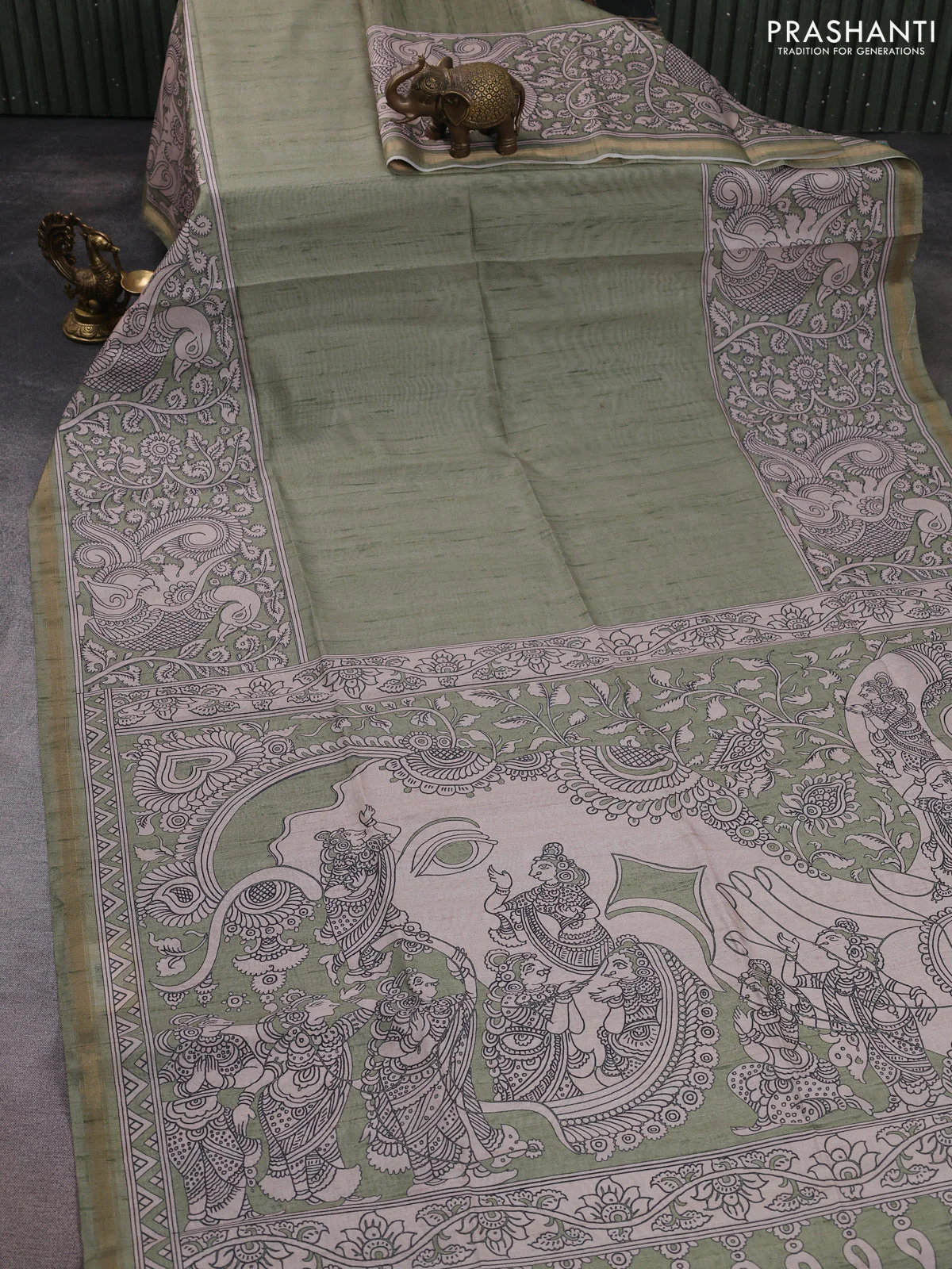 Art linen saree pastel green and beige with plain body and kalamkari printed pallu - Image 2