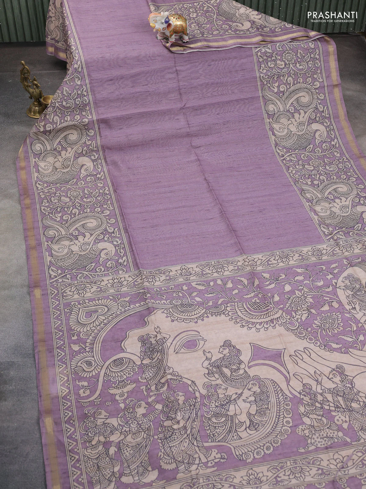 Art linen saree pastel purple and beige with plain body and kalamkari printed pallu - Image 2