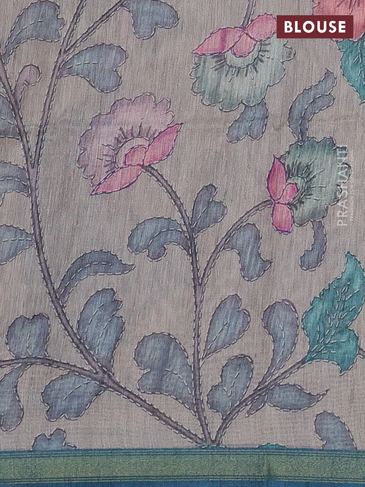 Art linen saree peacock blue and pastel grey with allover kalamkari prints and zari woven border - Image 3