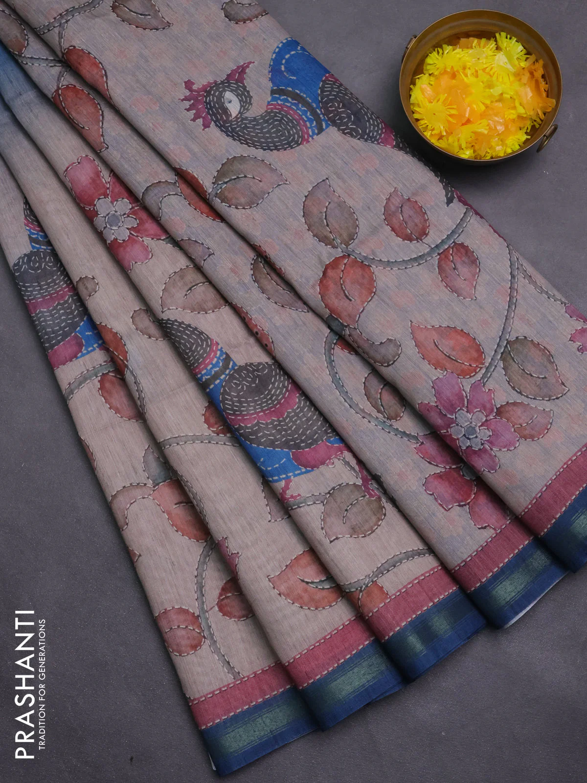 Art linen saree peacock blue and pastel grey with plain body and kalamkari printed pallu