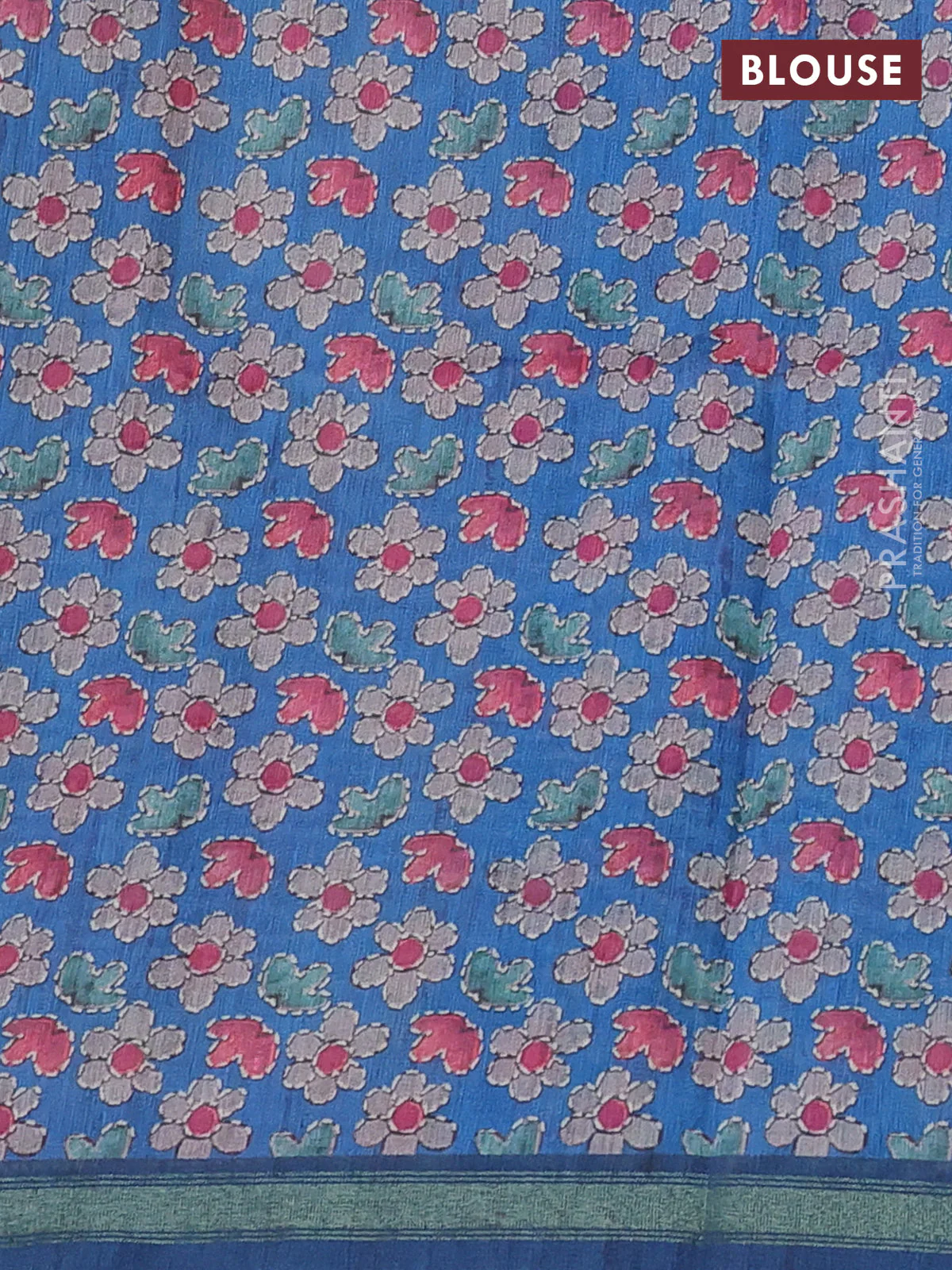 Art linen saree peacock blue and pastel grey with plain body and kalamkari printed pallu - Image 3