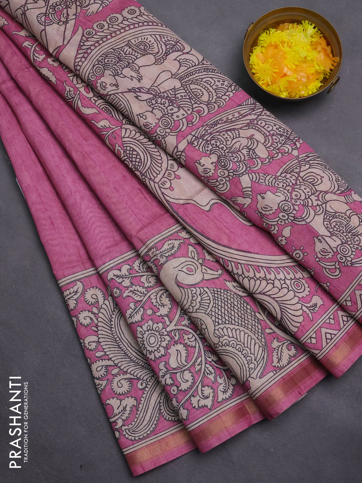 Art linen saree pink and beige with plain body and kalamkari printed pallu