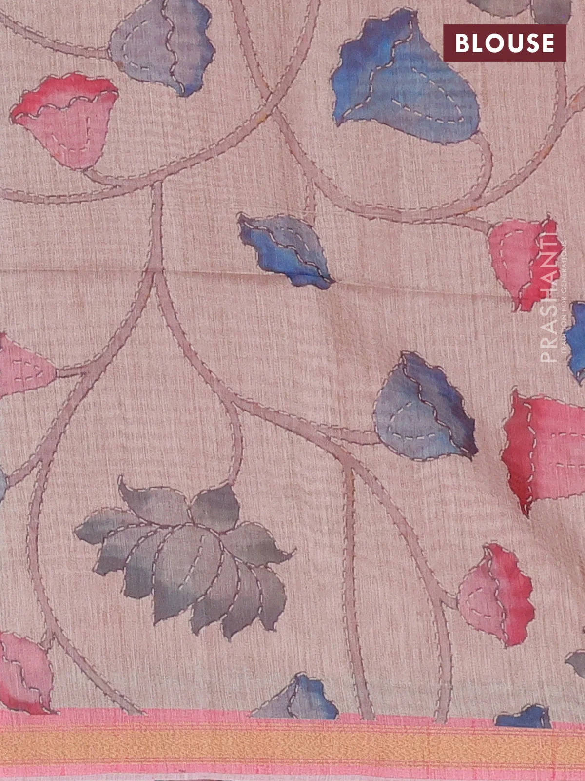 Art linen saree pink shade and beige with plain body and kalamkari printed pallu - Image 3
