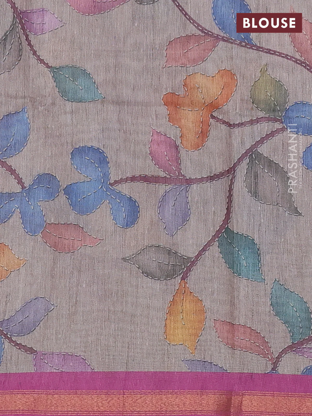 Art linen saree pink shade and pastel grey with plain body and printed pallu - Image 3