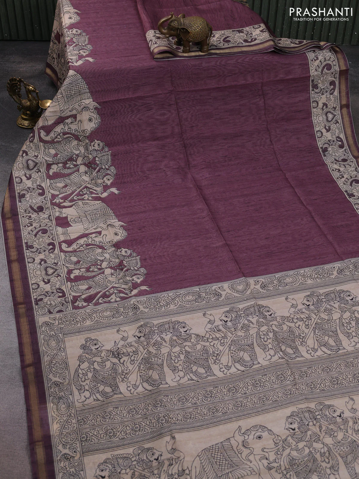 Art linen saree rosy brown and beige with plain body and kalamkari printed pallu - Image 2