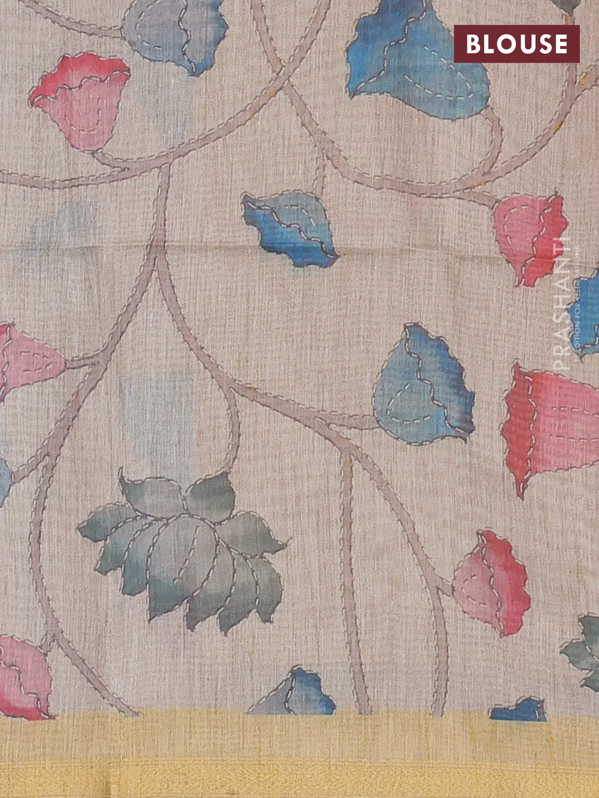 Art linen saree sandal and beige with plain body and kalamkari printed pallu - Image 3