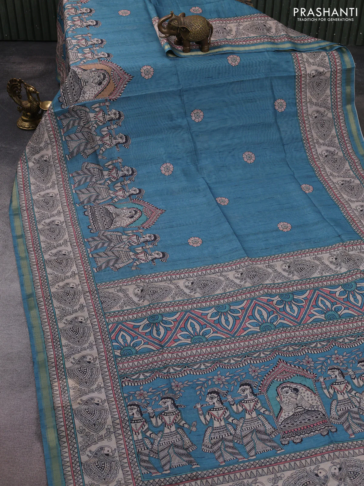 Art linen saree teal blue and beige with butta prints and madhubani printed pallu - Image 2
