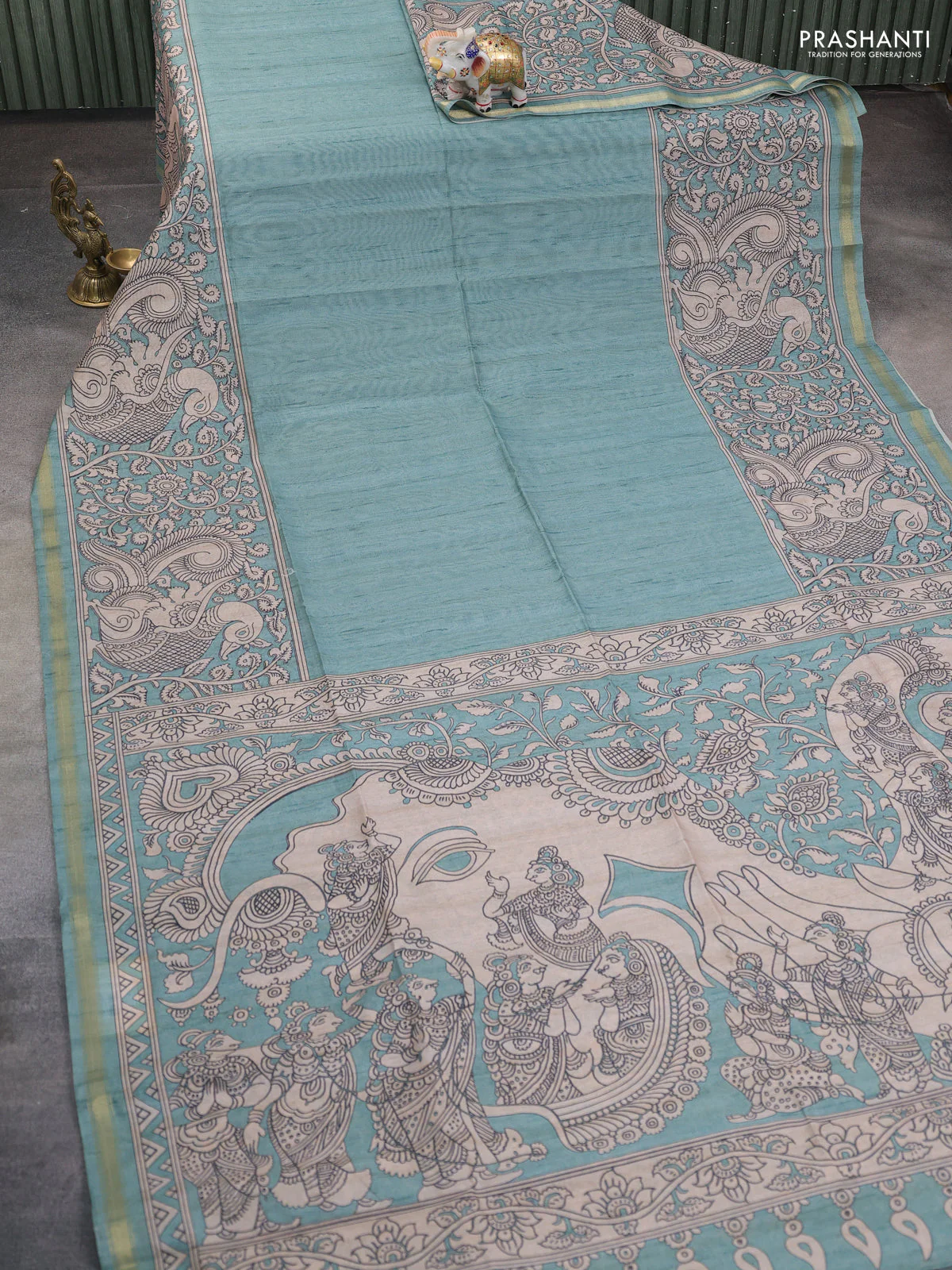 Art linen saree teal blue and beige with plain body and kalamkari printed pallu - Image 2
