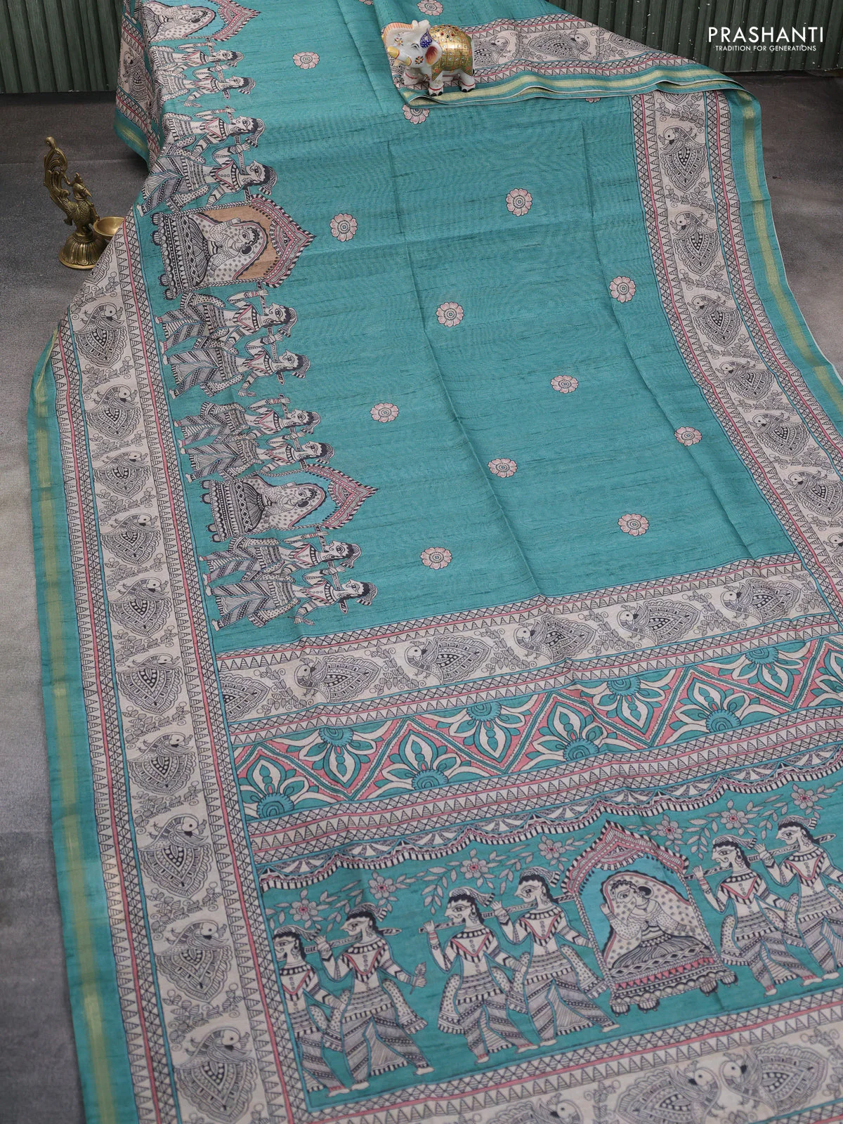 Art linen saree teal green and beige with butta prints and madhubani printed pallu - Image 2