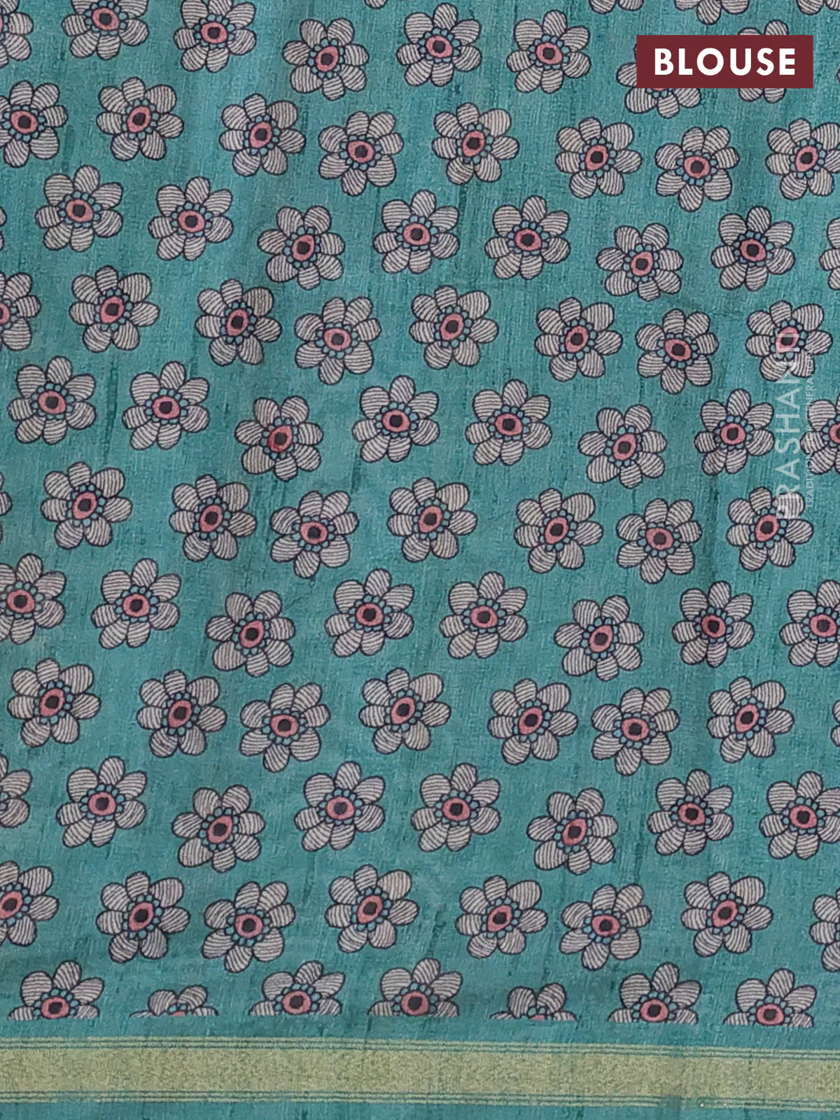 Art linen saree teal green and beige with butta prints and madhubani printed pallu - Image 3