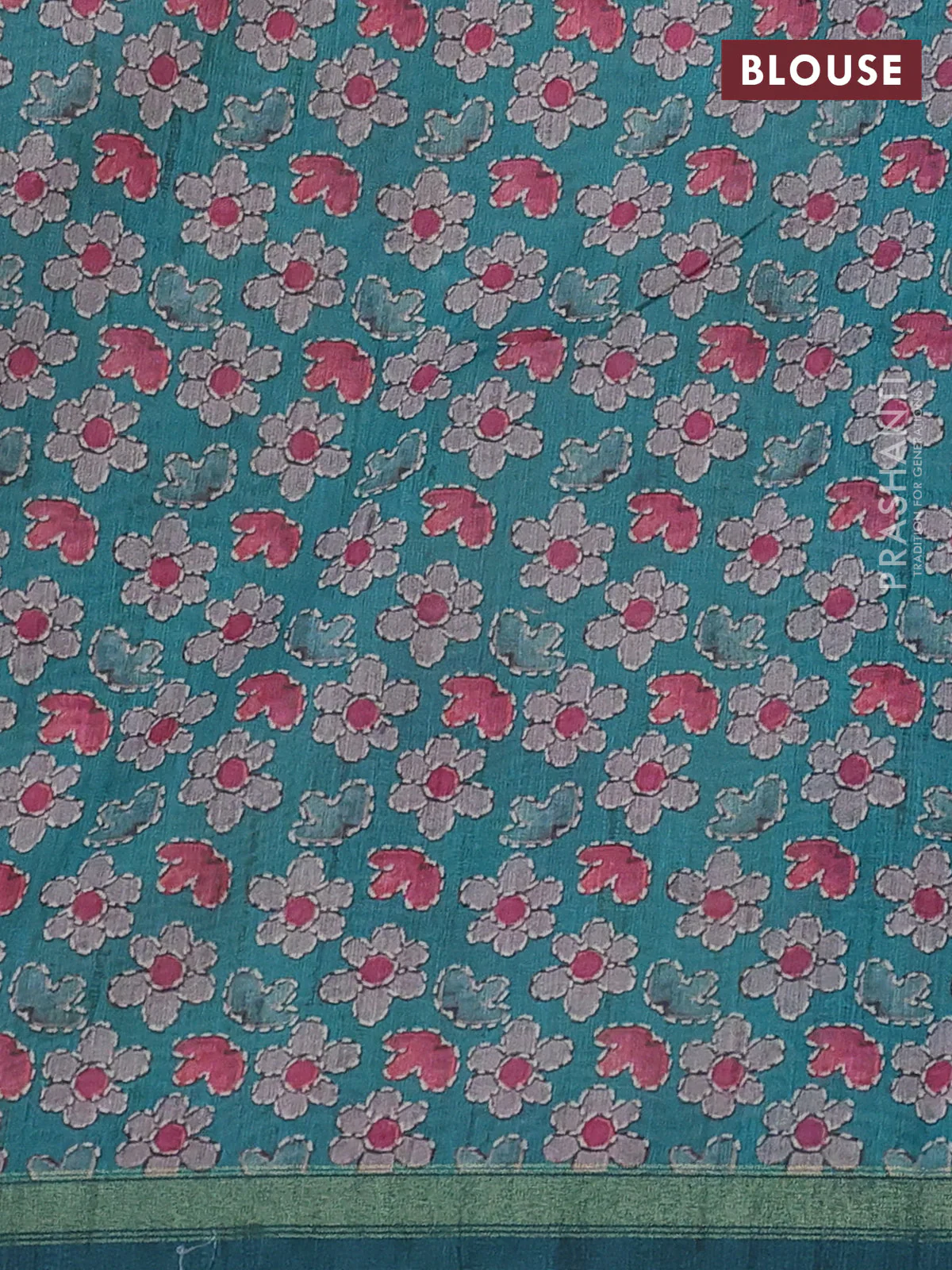 Art linen saree teal green and pastel grey with plain body and kalamkari printed pallu - Image 3
