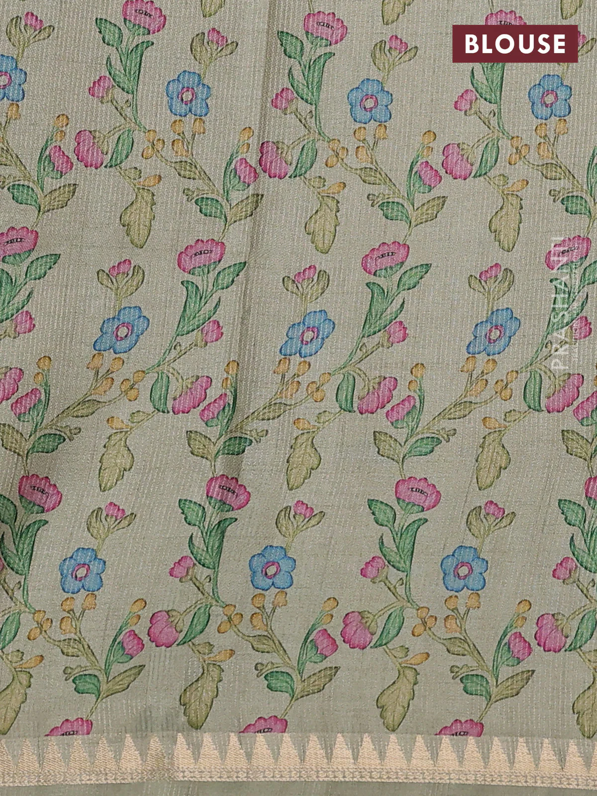 Art tussar saree beige and pista green with plain body and tanjore printed border - Image 3