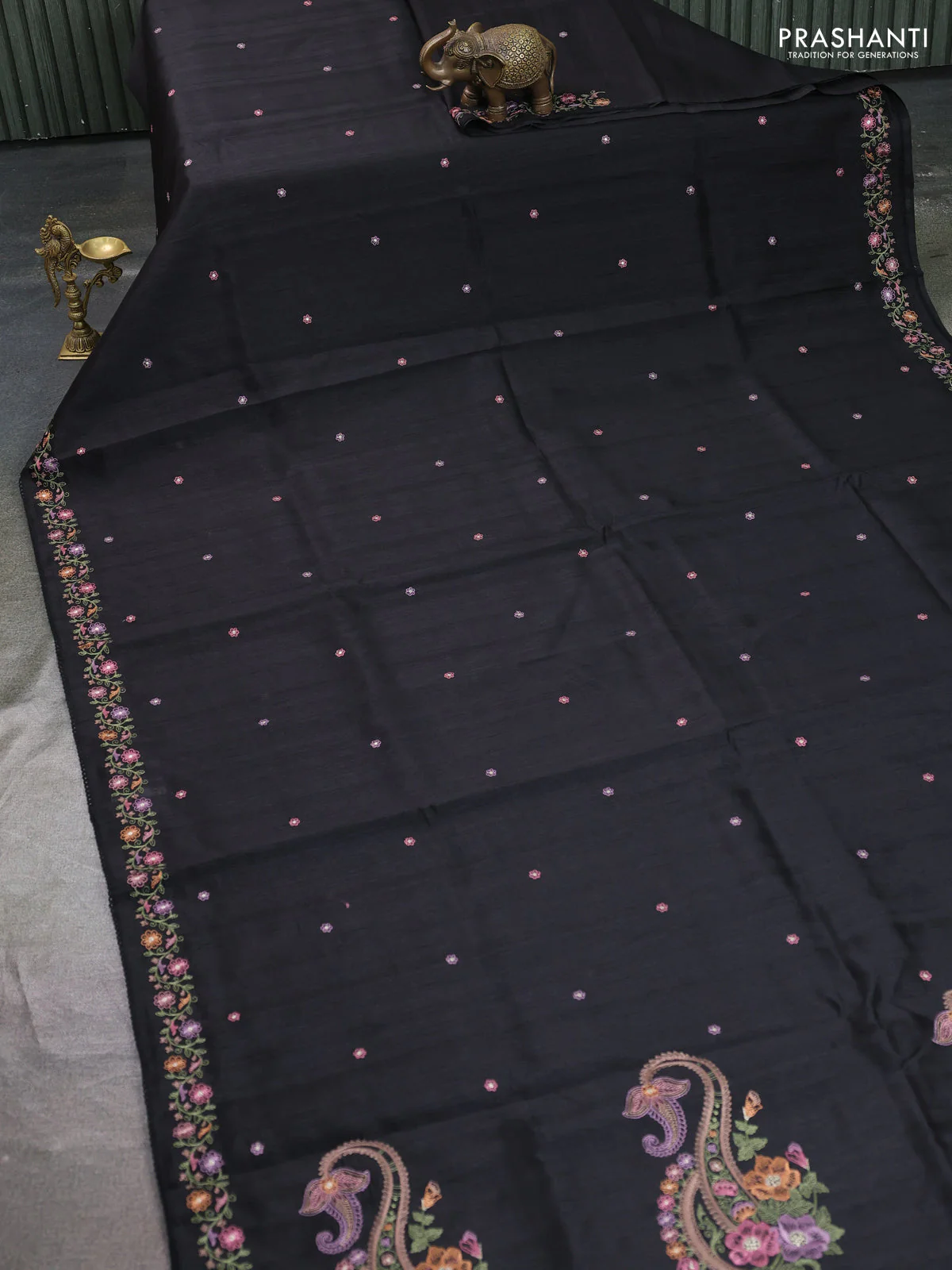 Art tussar saree black with embroidery work and floral embroidery border - Image 2
