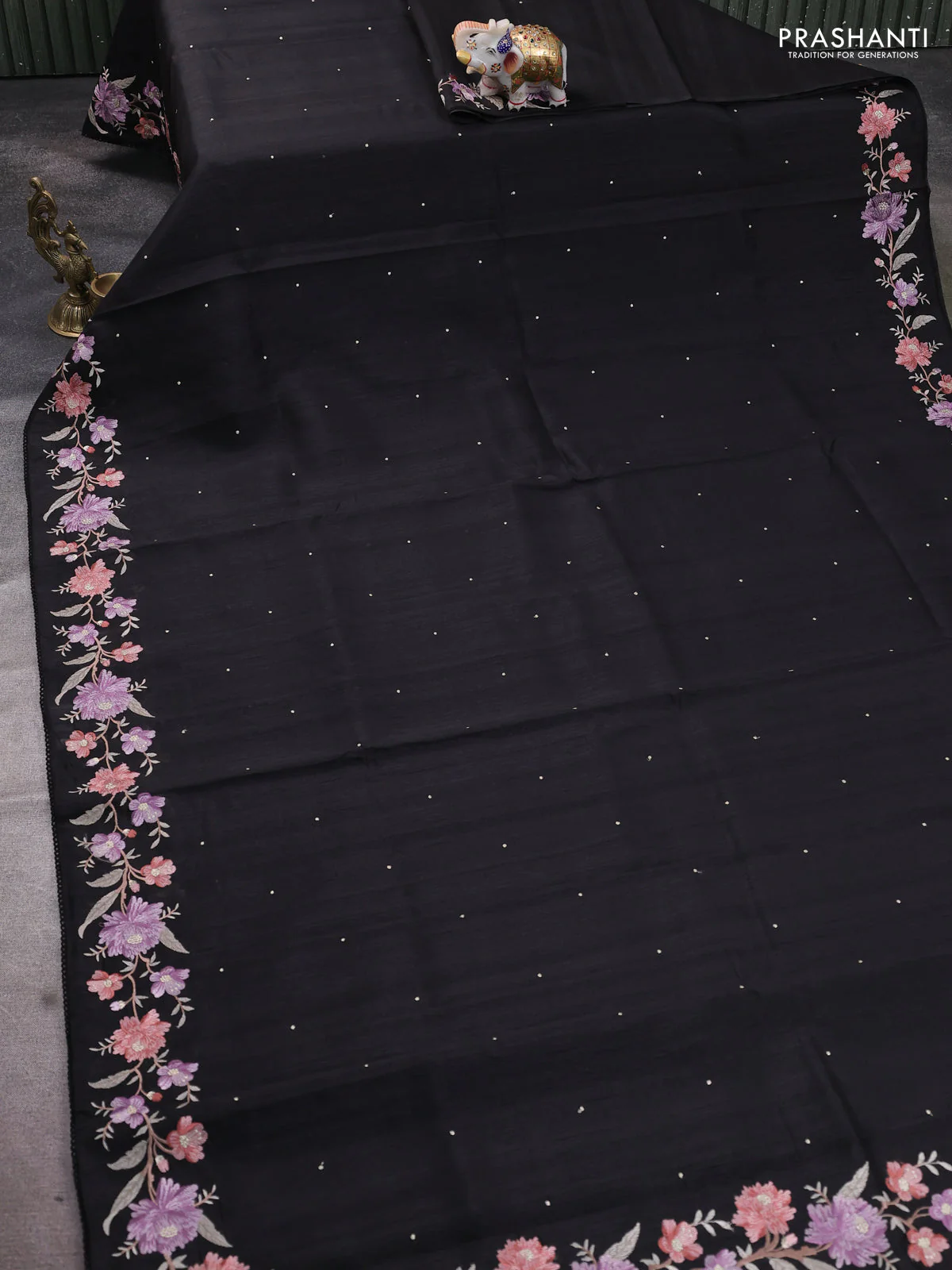 Art tussar saree black with embroidery work and floral embroidery border - Image 2