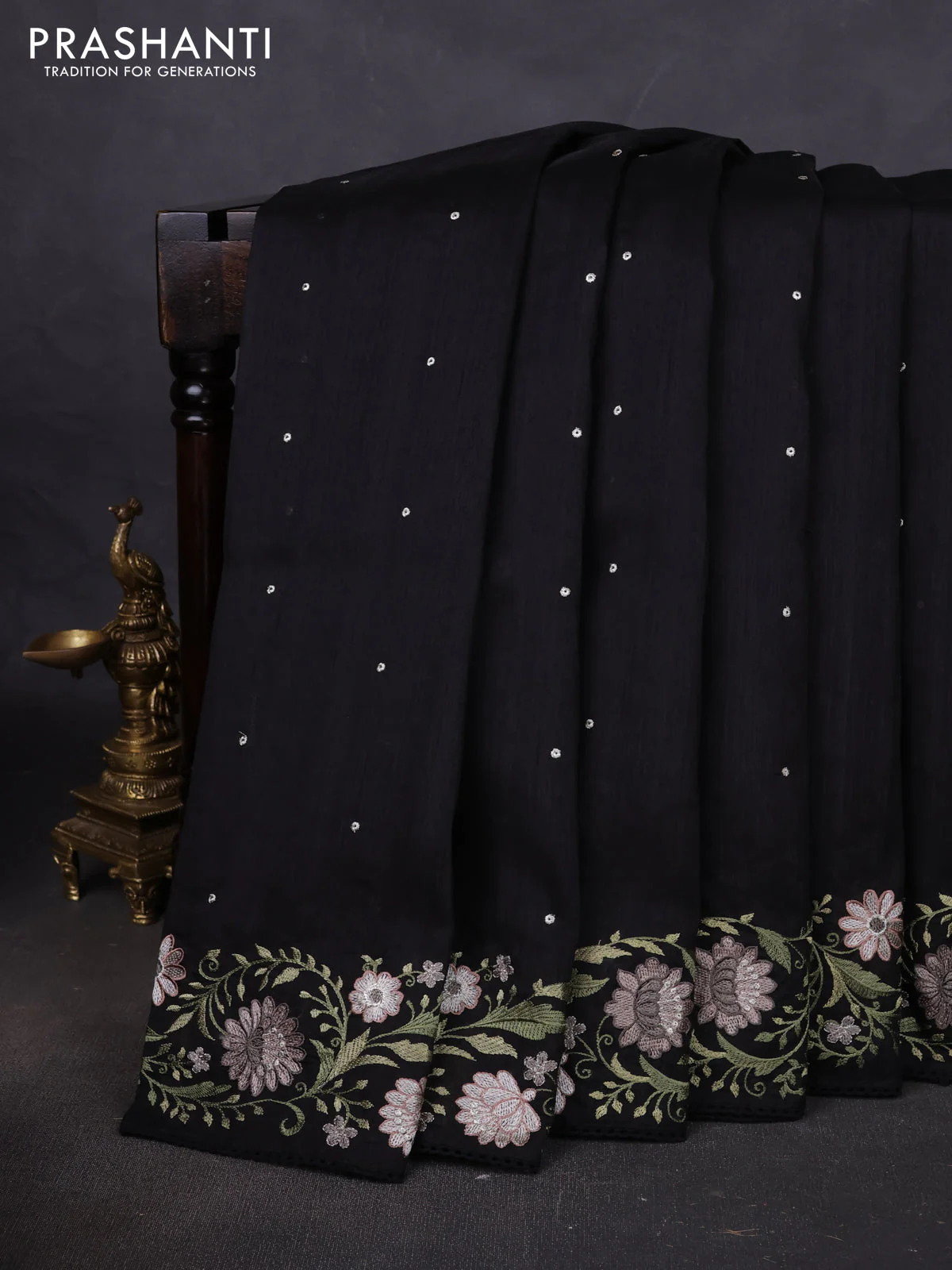 Art tussar saree black with embroidery work and floral embroidery border