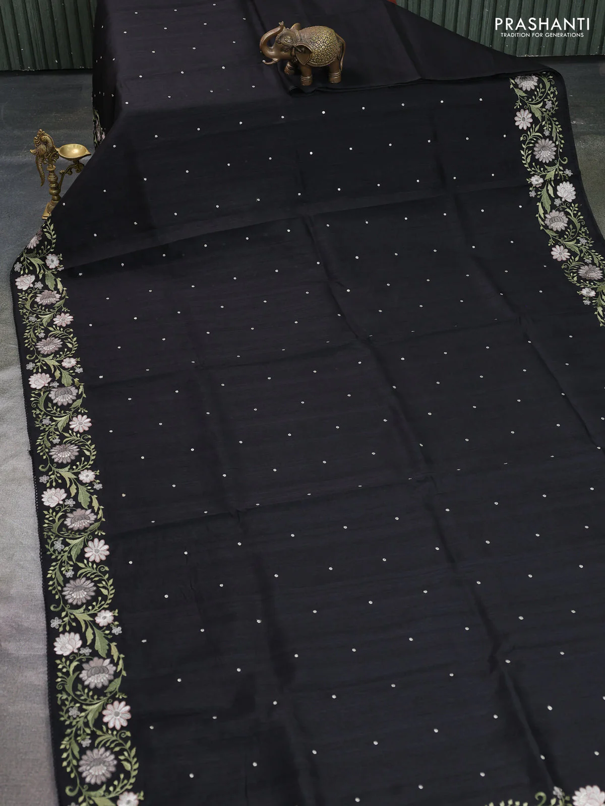 Art tussar saree black with embroidery work and floral embroidery border - Image 2