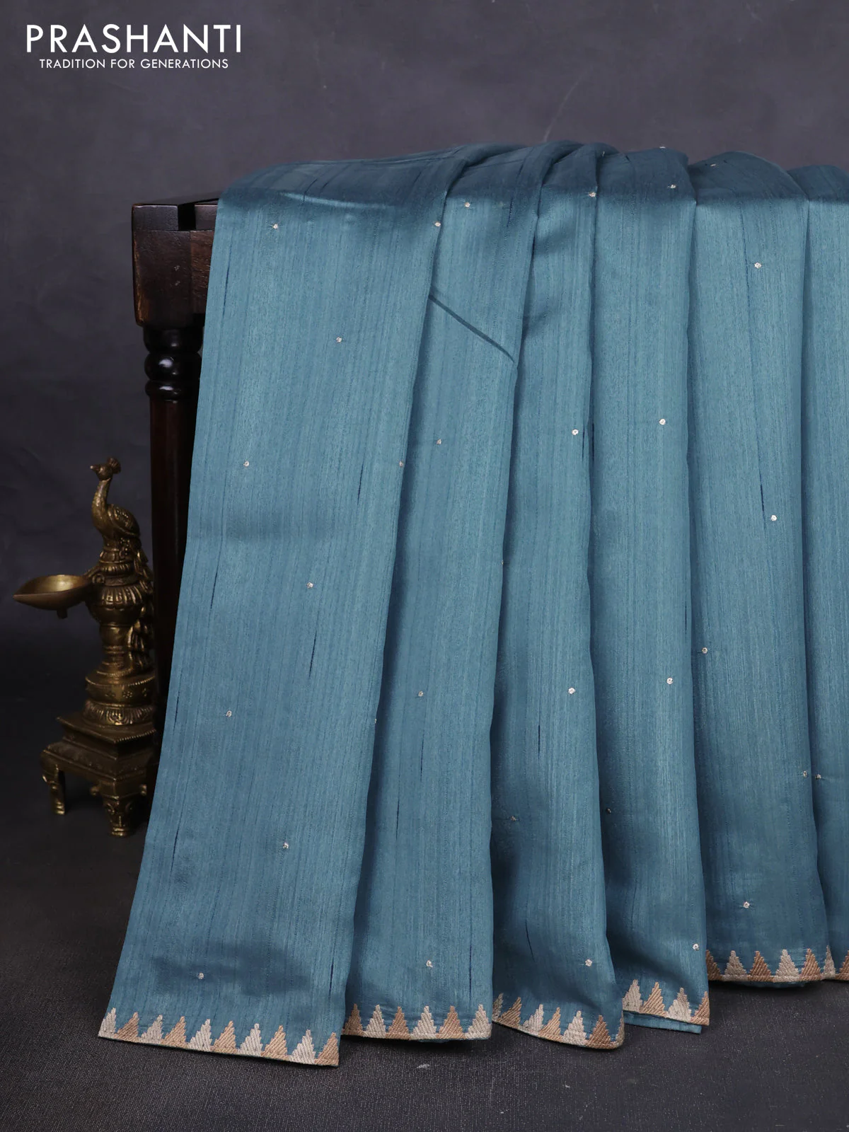 Art tussar saree blue with embroidery work and embroidery work border