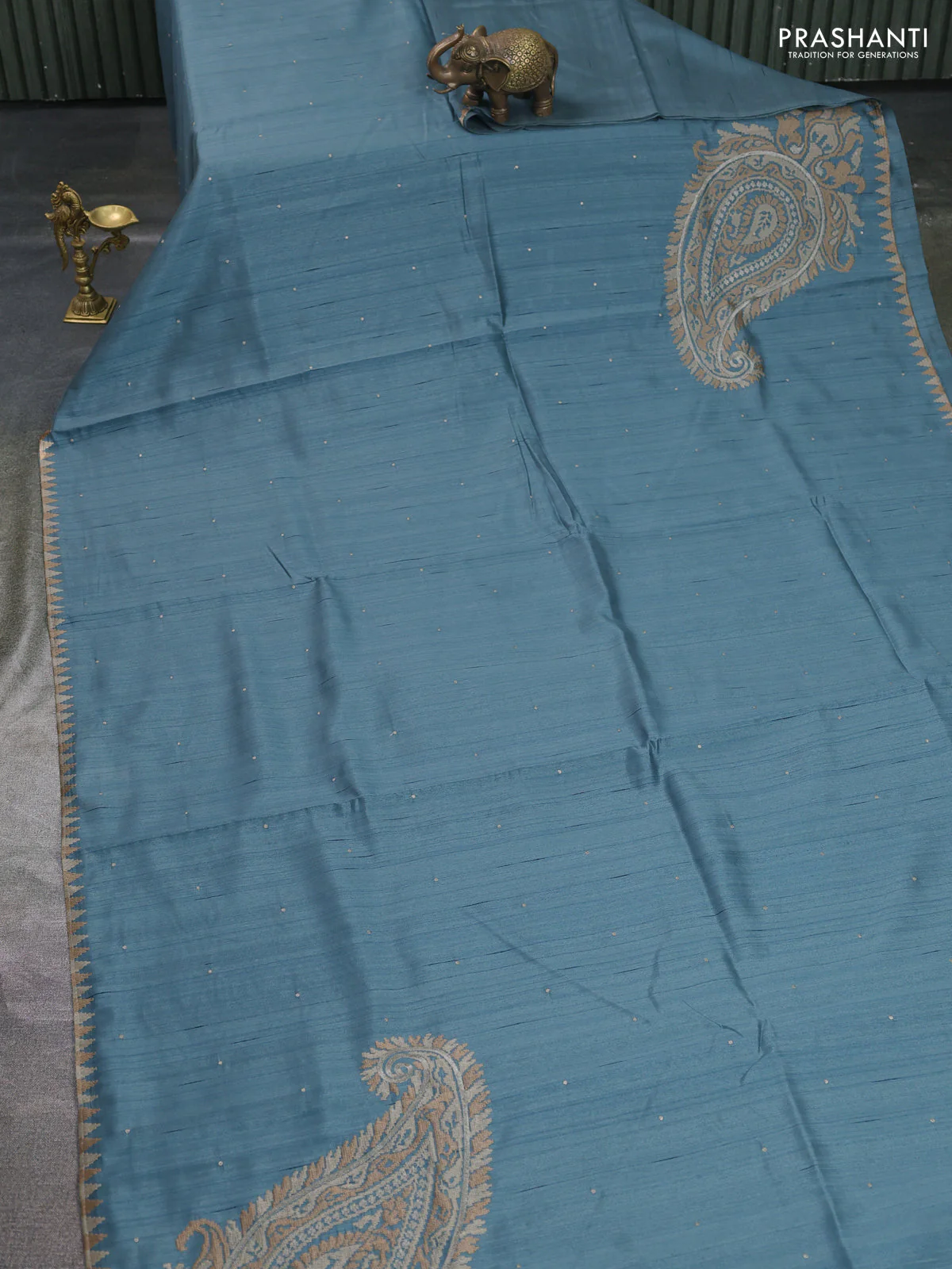 Art tussar saree blue with embroidery work and embroidery work border - Image 2
