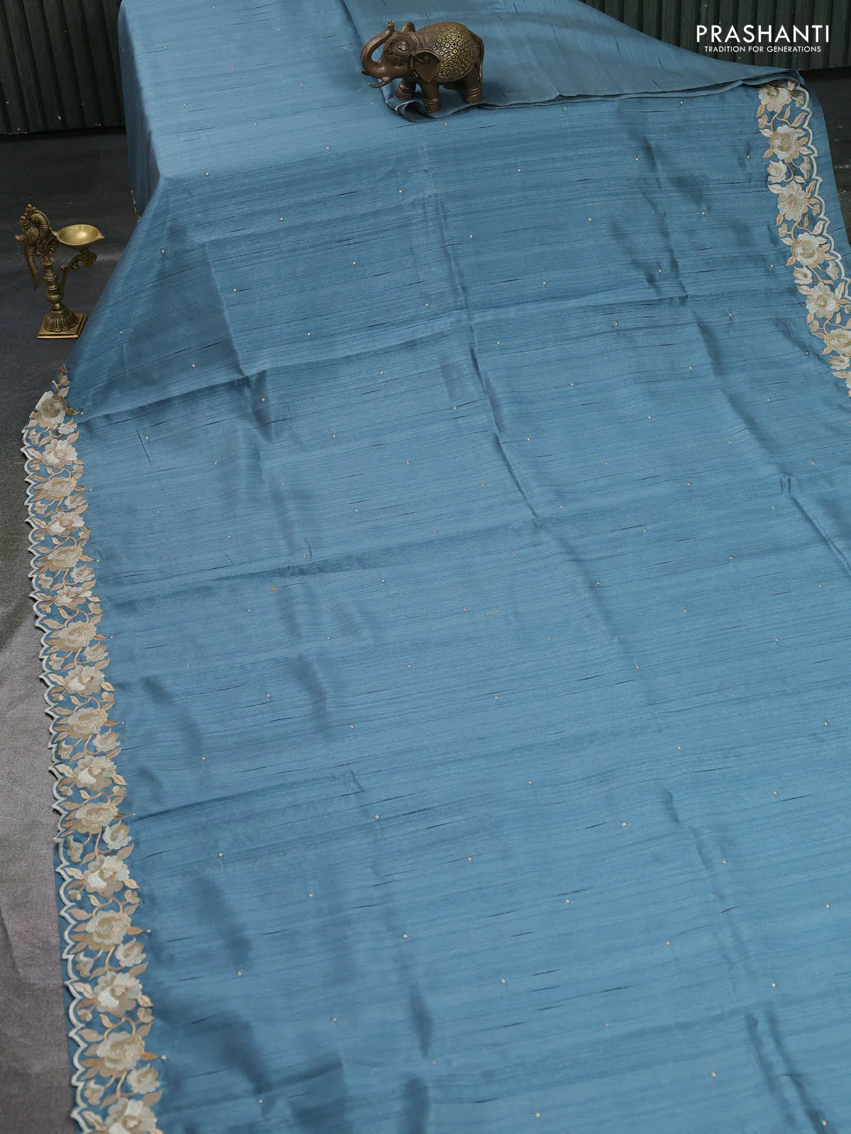 Art tussar saree bluish grey with embroidery work and floral embroidery border - Image 2