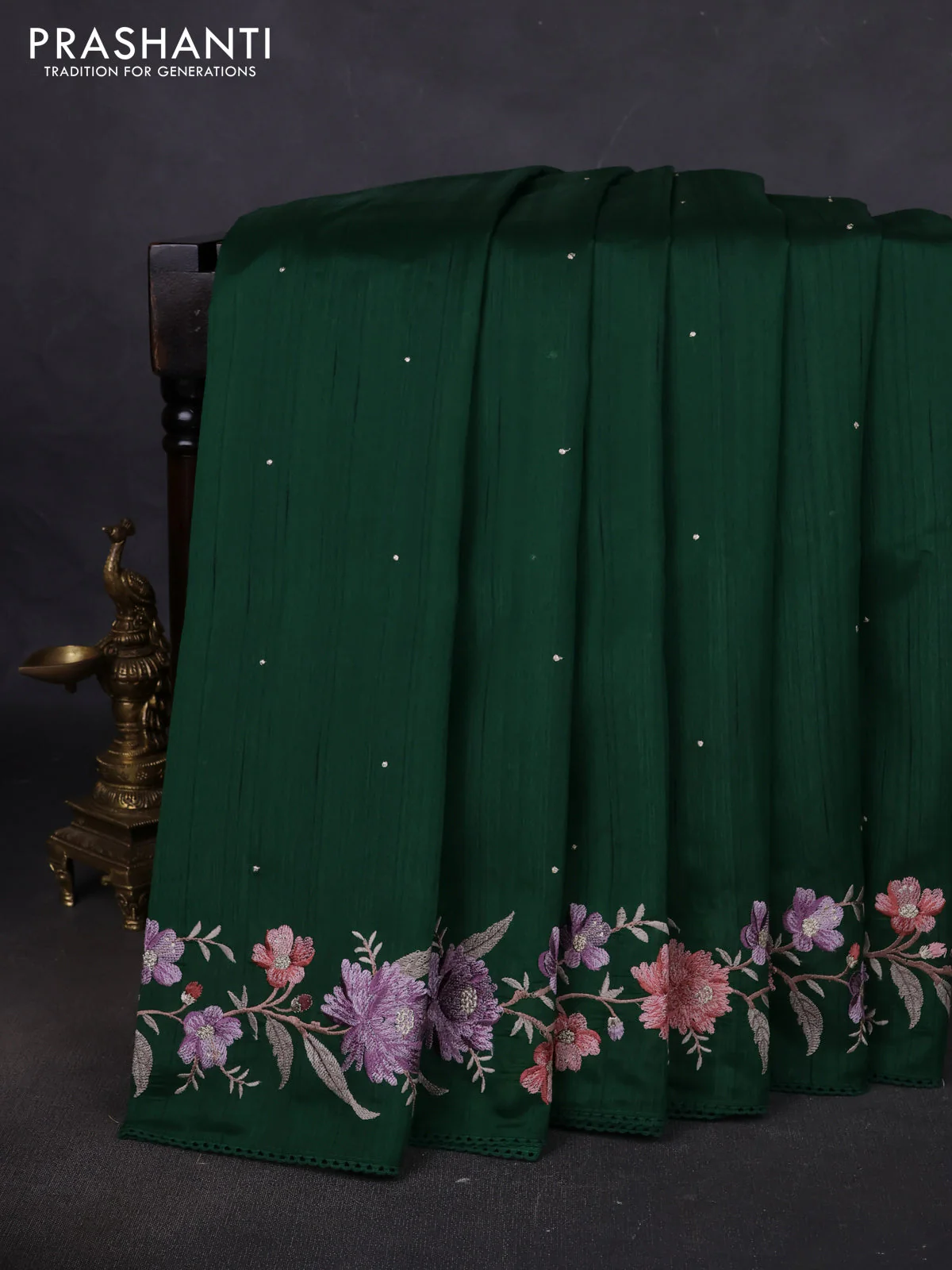 Art tussar saree bottle green with embroidery work and floral embroidery border