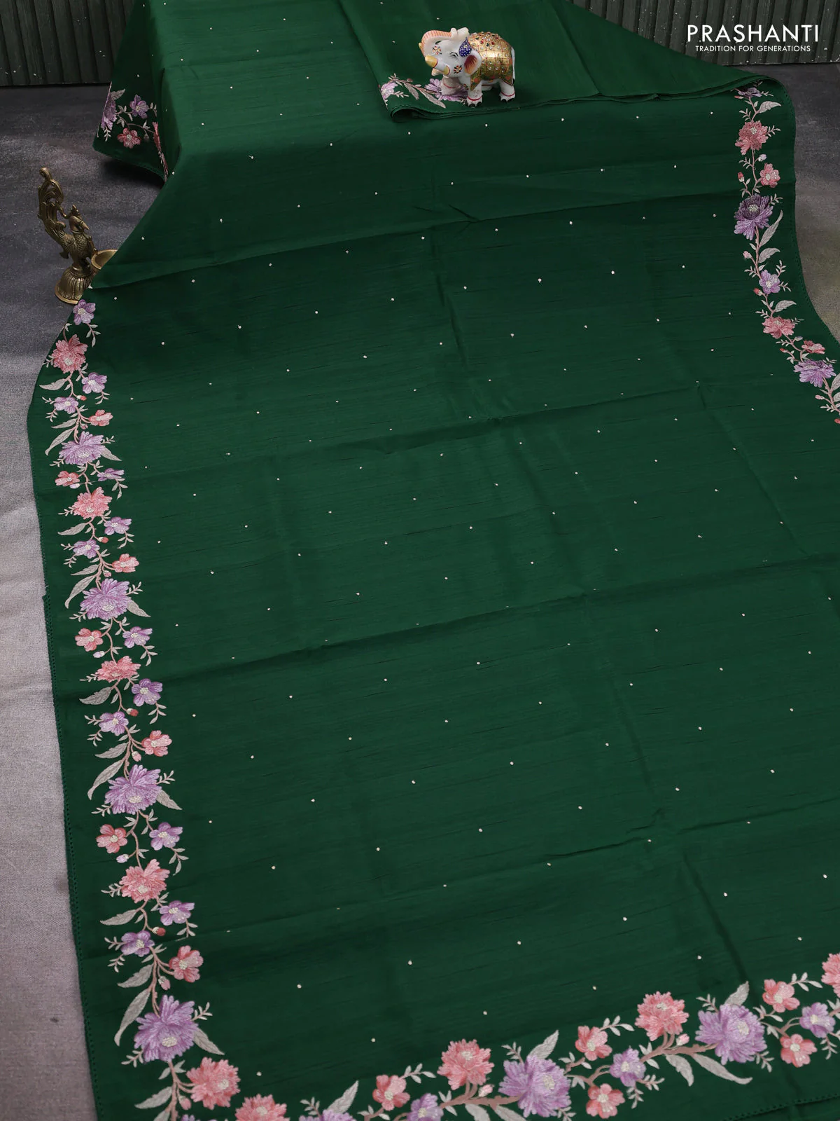 Art tussar saree bottle green with embroidery work and floral embroidery border - Image 2