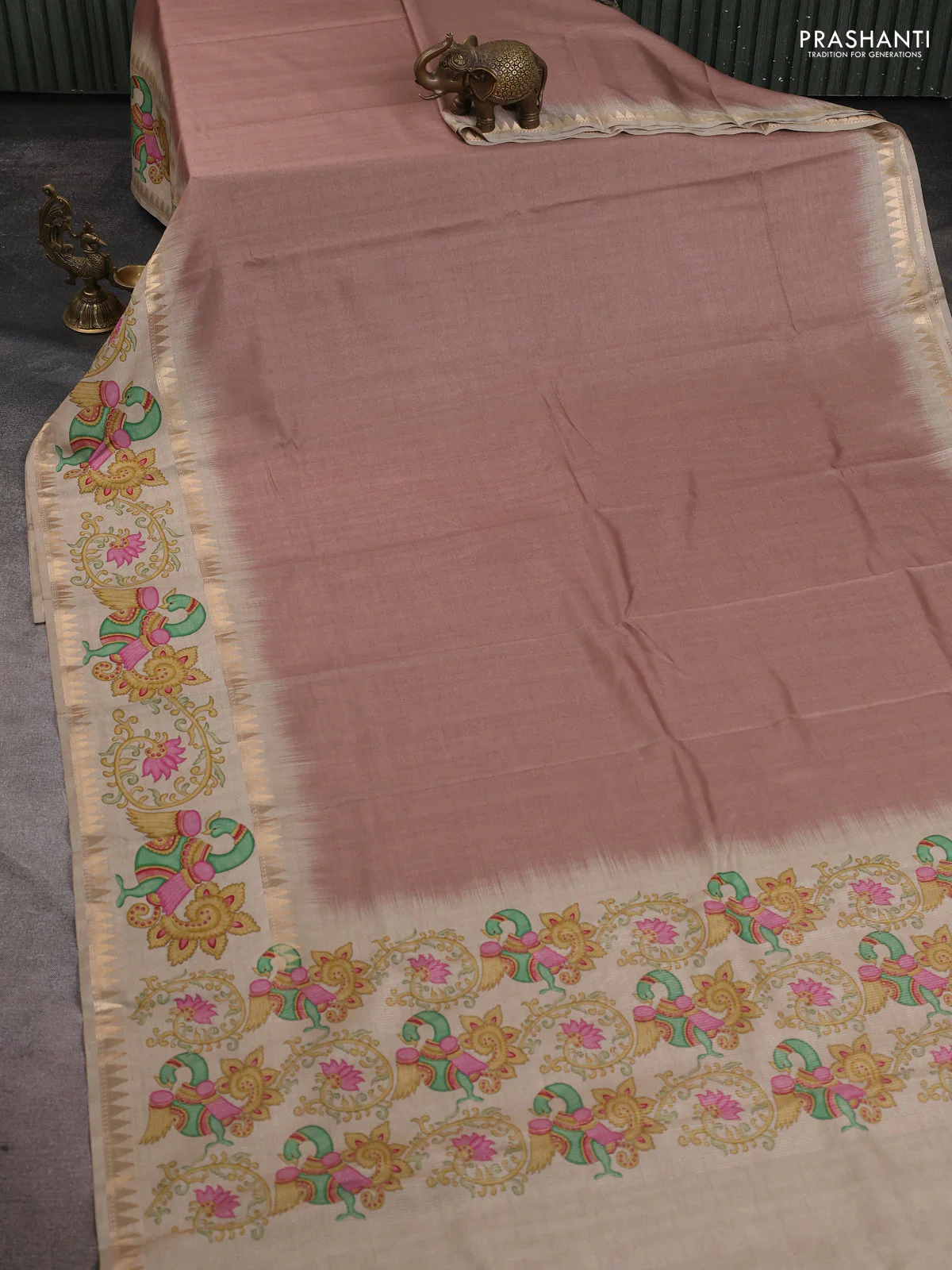 Art tussar saree brown and beige with plain body and tanjore printed border - Image 2