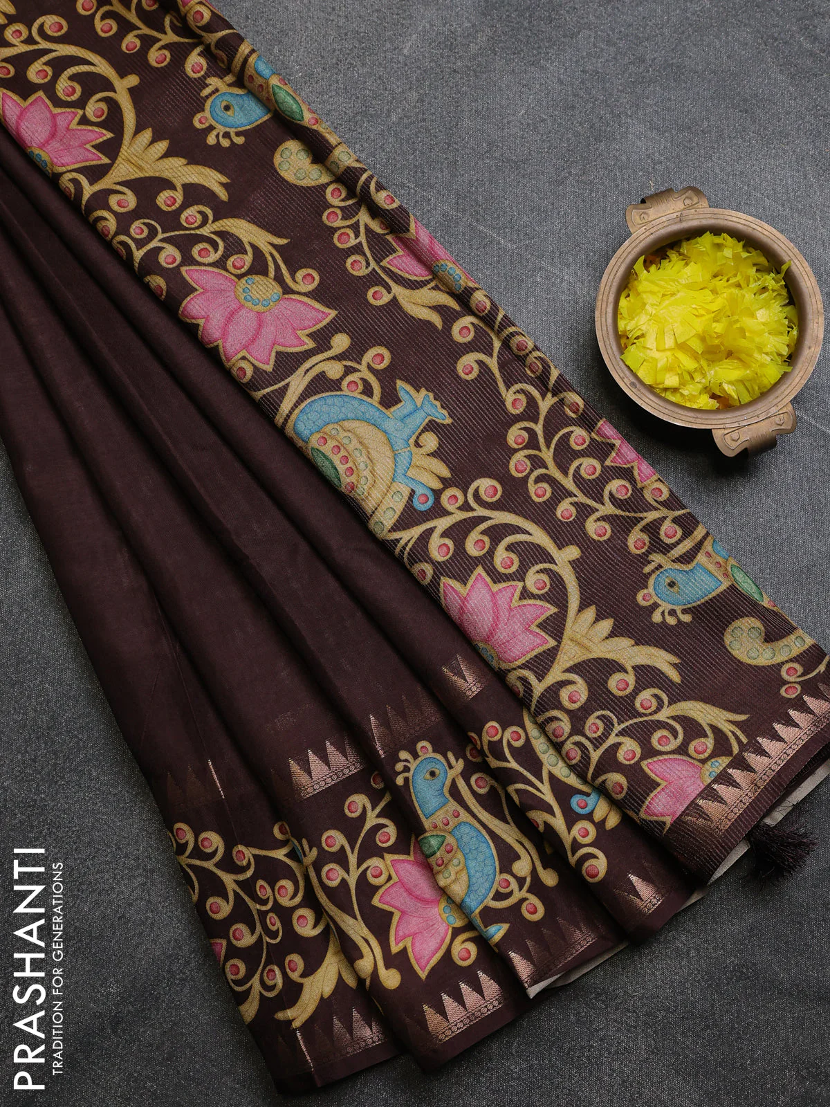 Art tussar saree coffee brown with plain body and tanjore printed border