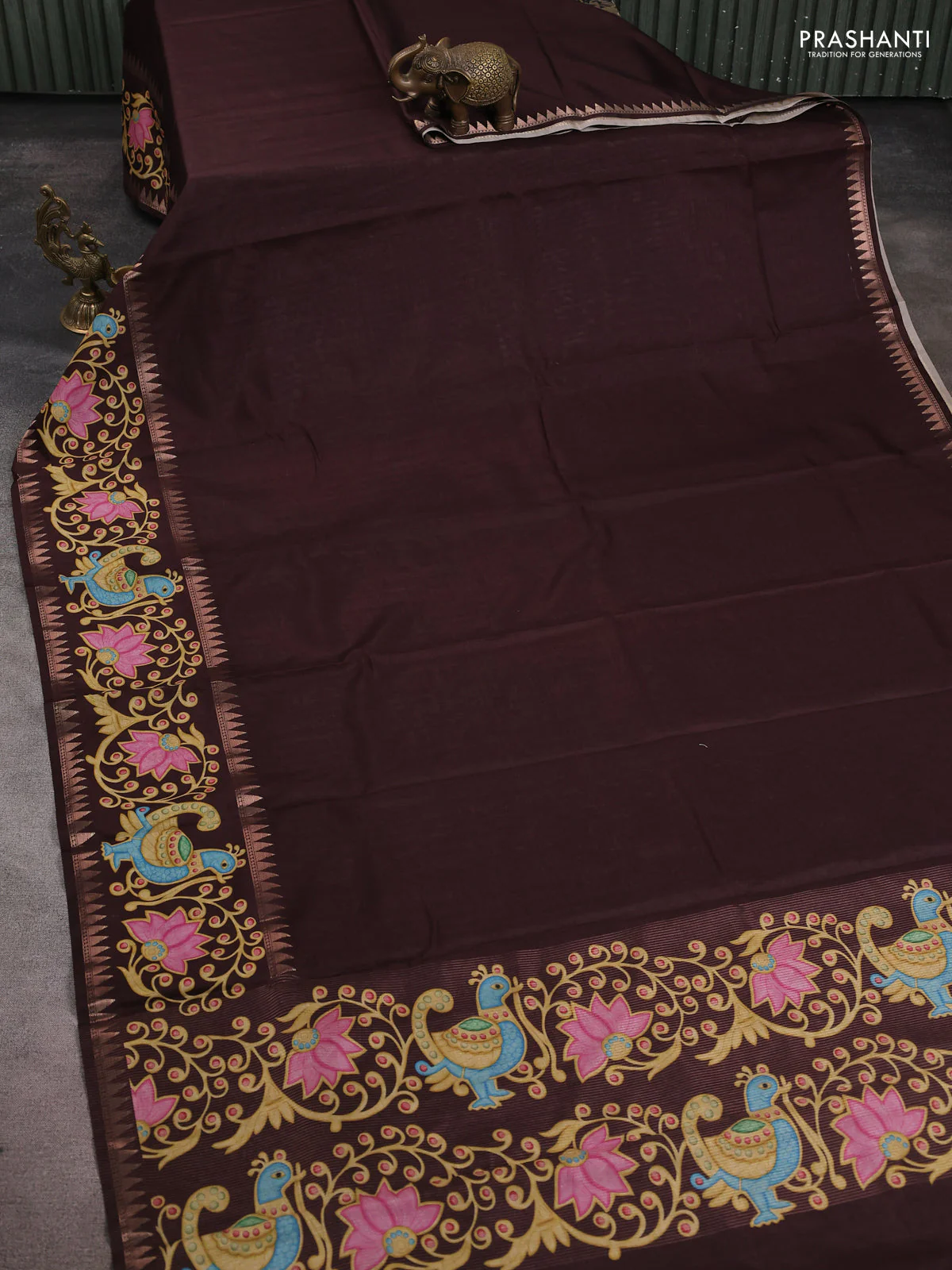 Art tussar saree coffee brown with plain body and tanjore printed border - Image 2