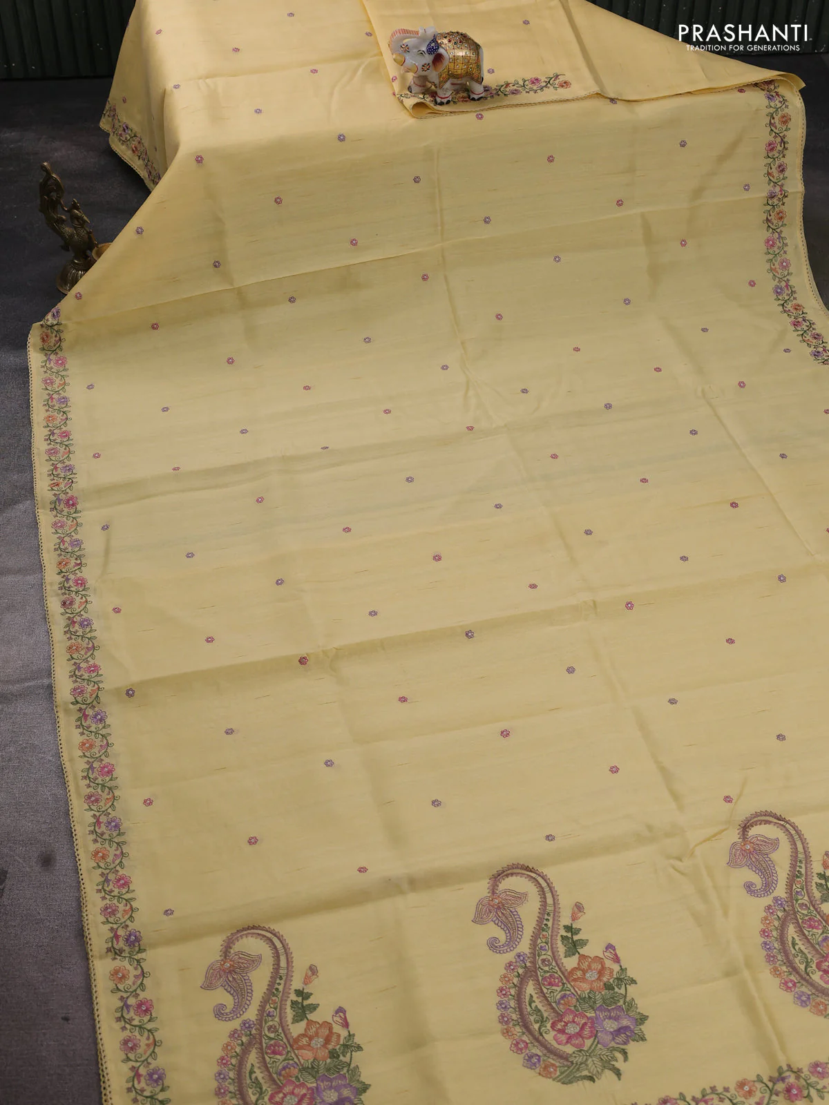 Art tussar saree cream with embroidery work and floral embroidery border - Image 2