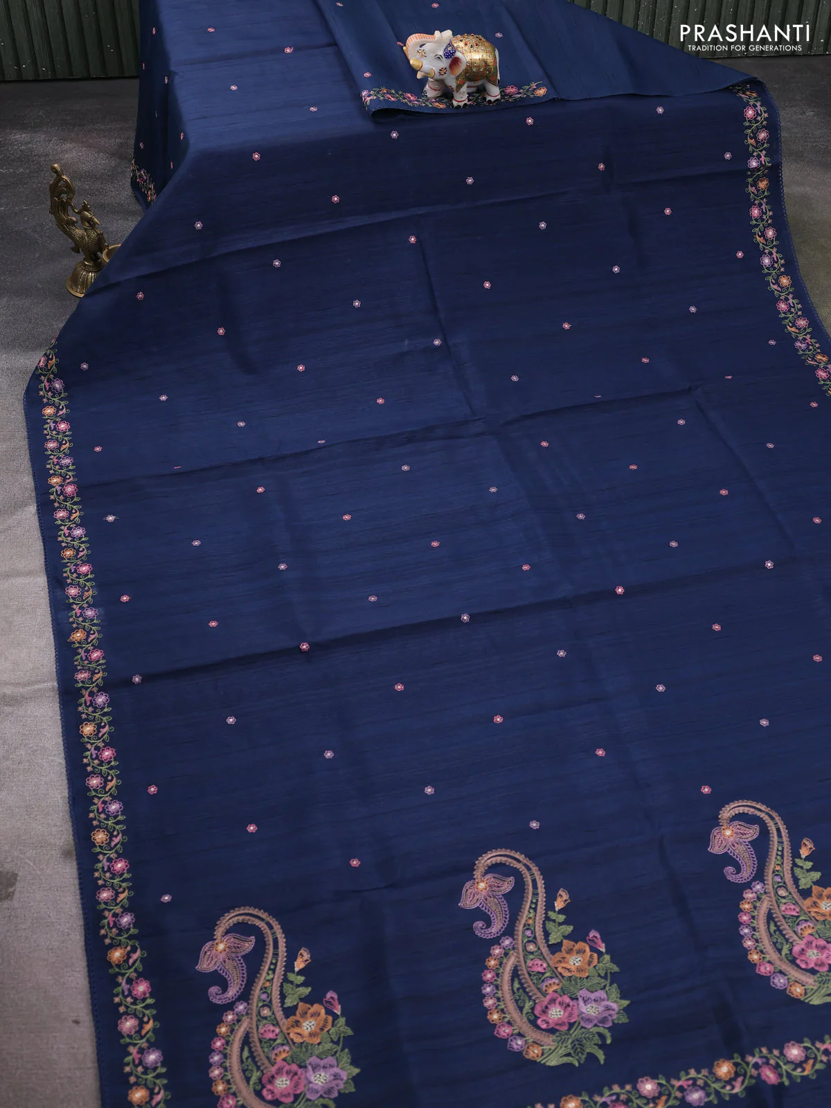 Art tussar saree dark peacock blue with embroidery work and floral embroidery border - Image 2