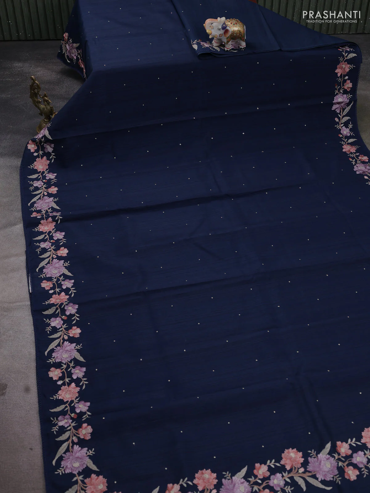 Art tussar saree dark peacock blue with embroidery work and floral embroidery border - Image 2