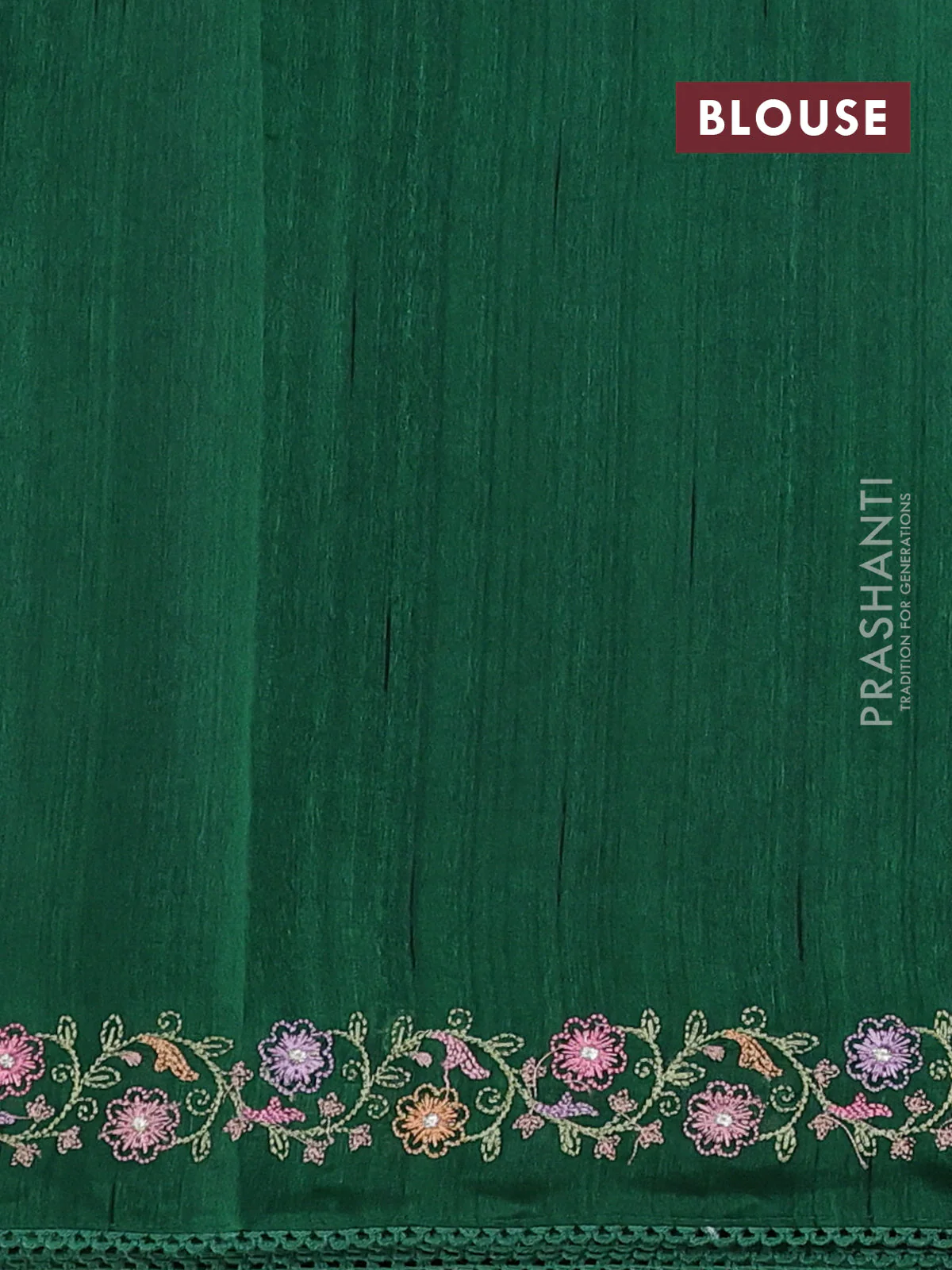 Art tussar saree green with embroidery work and floral embroidery border - Image 3