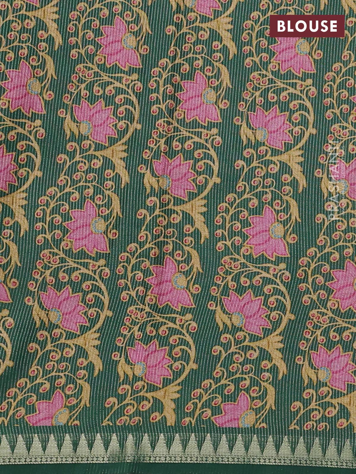 Art tussar saree green with plain body and tanjore printed border - Image 3