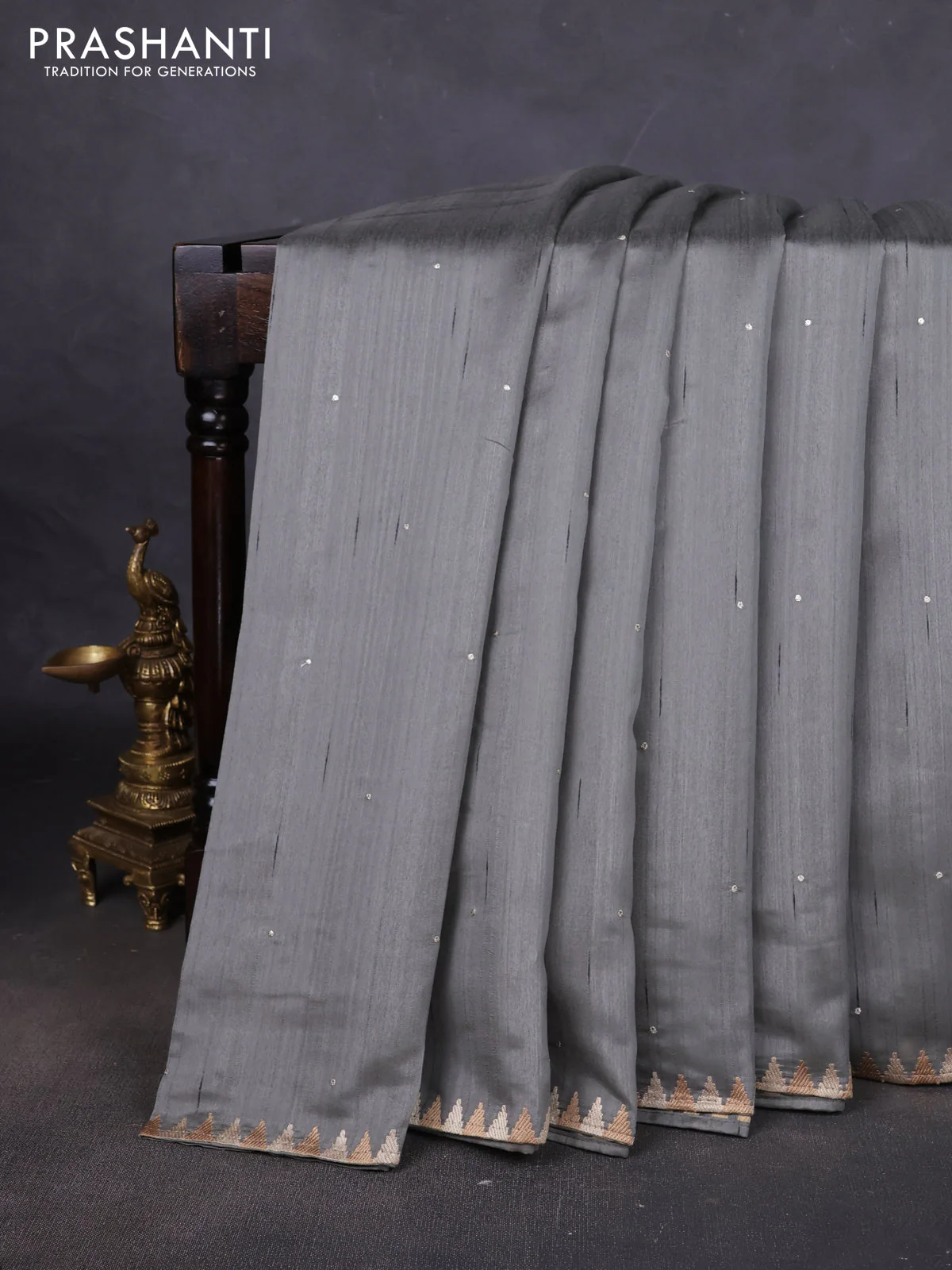 Art tussar saree grey with embroidery work and embroidery work border